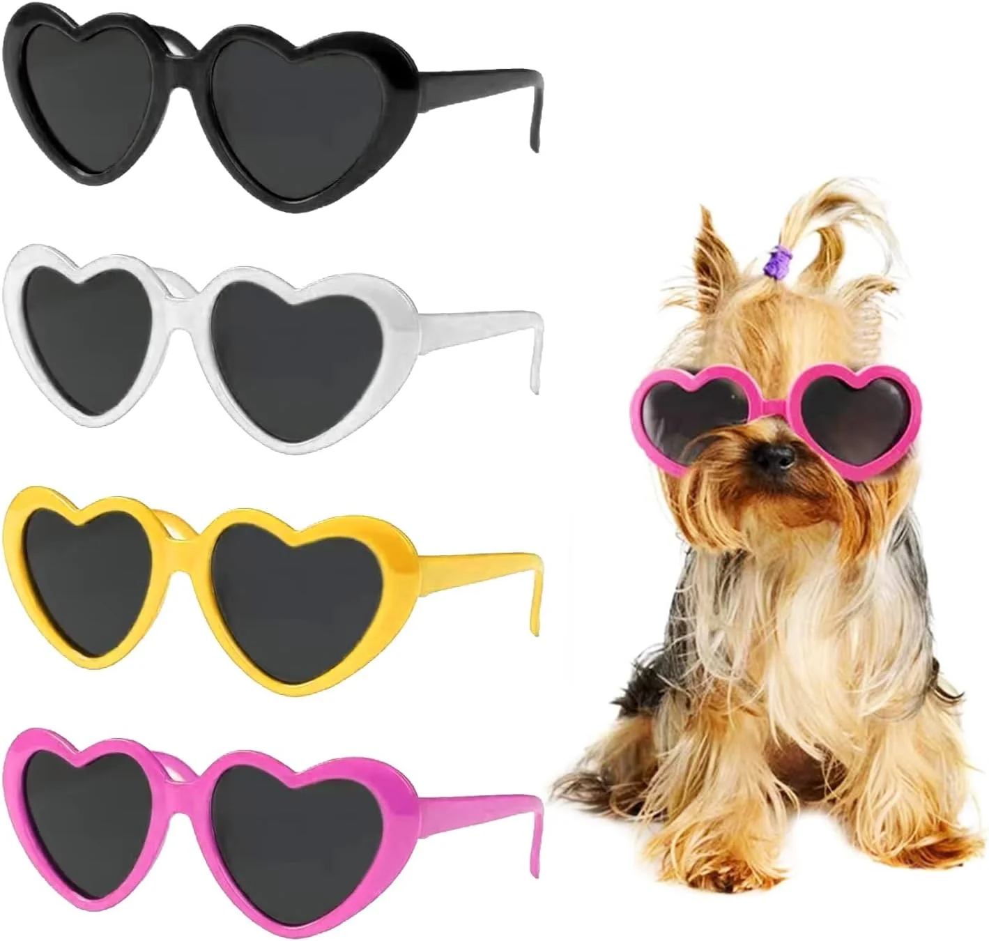 CheeseandU ۴ جفت عینک آفتابی قلبی بامزه برای حیوانات خانگی - عینک گربه و سگ کوچک - عینک رترو بچه گربه و توله سگ - زرد، مشکی، سفید، صورتی