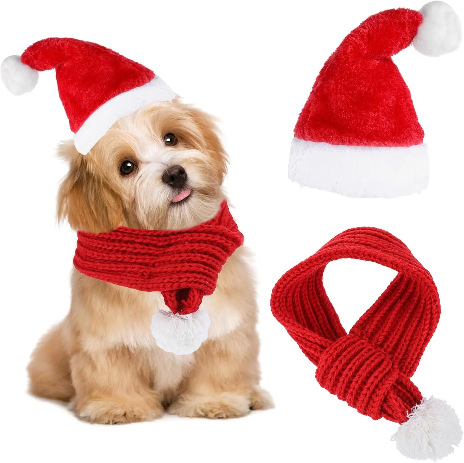 ست کلاه بابانوئل و شال گردن سگ، کلاه بابانوئل قابل تنظیم برای سگ، شال گردن بافتنی قرمز با توپ پوم پوم سفید، گرم کننده گردن زمستانی، ست لباس گردن سگ برای گربه ها و سگ های کوچک (53 سانتی متر)