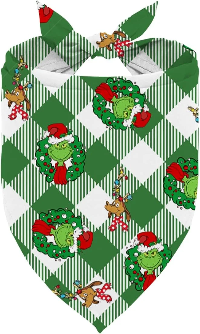 دستمال گردن سگ طرح کریسمس، شال گردن حیوانات خانگی طرح چهارخانه بوفالو سبز کلاسیک با طرح شخصیت کارتونی بامزه، دستمال گردن سگ قابل تنظیم، برای سگ های کوچک و متوسط