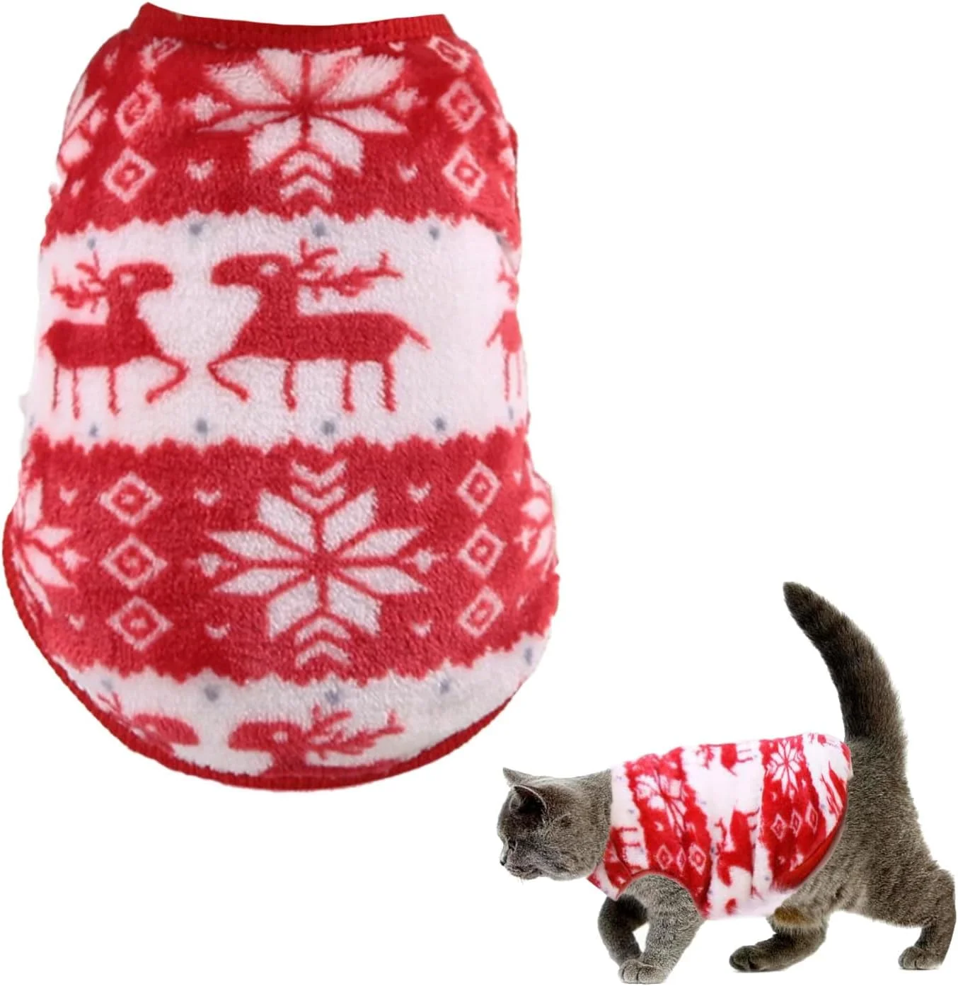 لباس گرم بافتنی سگ و گربه طرح دانه برف و گوزن شمالی، مناسب کریسمس و سال نو، قرمز