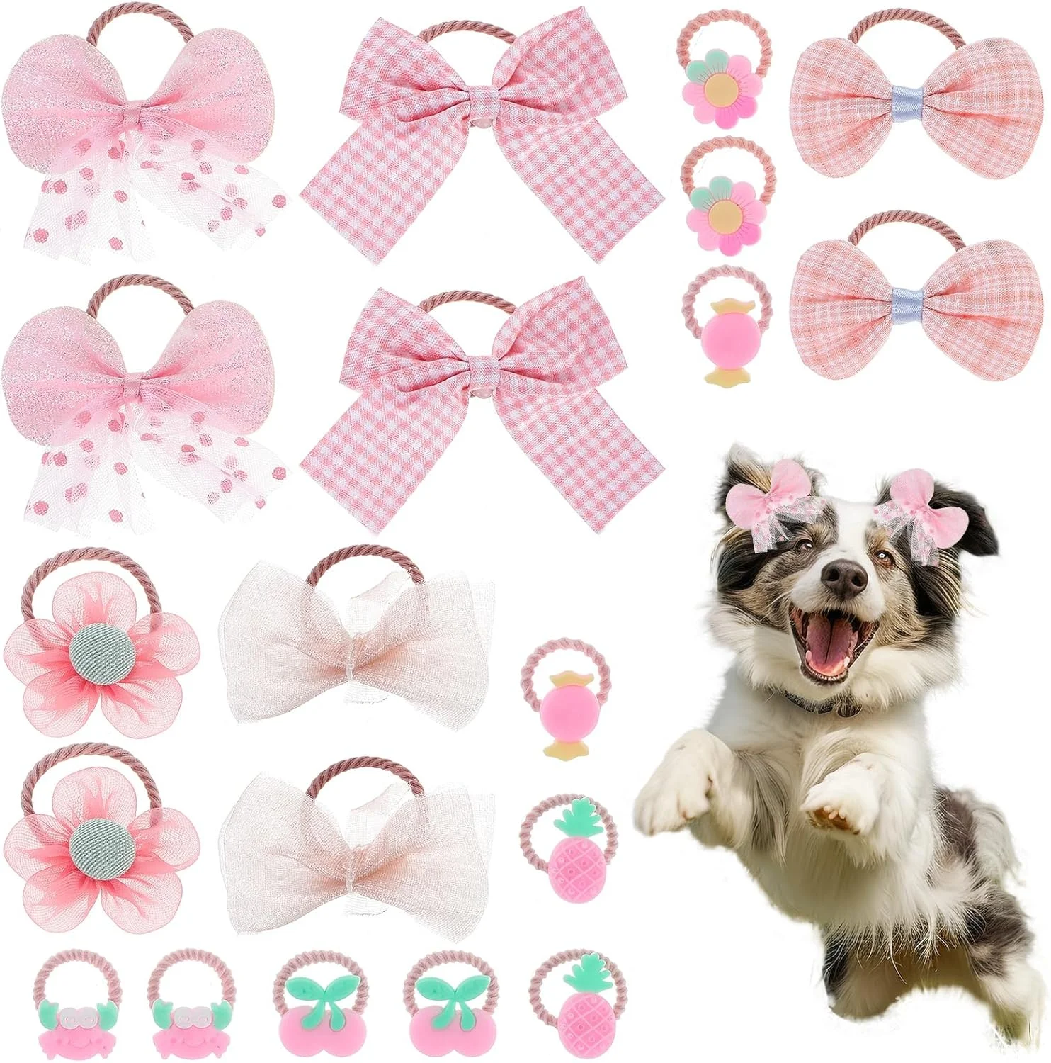 20 عدد پاپیون موی سگ صورتی با کش مو، لوازم جانبی موی زیبا گره بالایی پاپیونی برای سگ دختر، کش موی سایز کوچک و بزرگ برای سگ، گربه