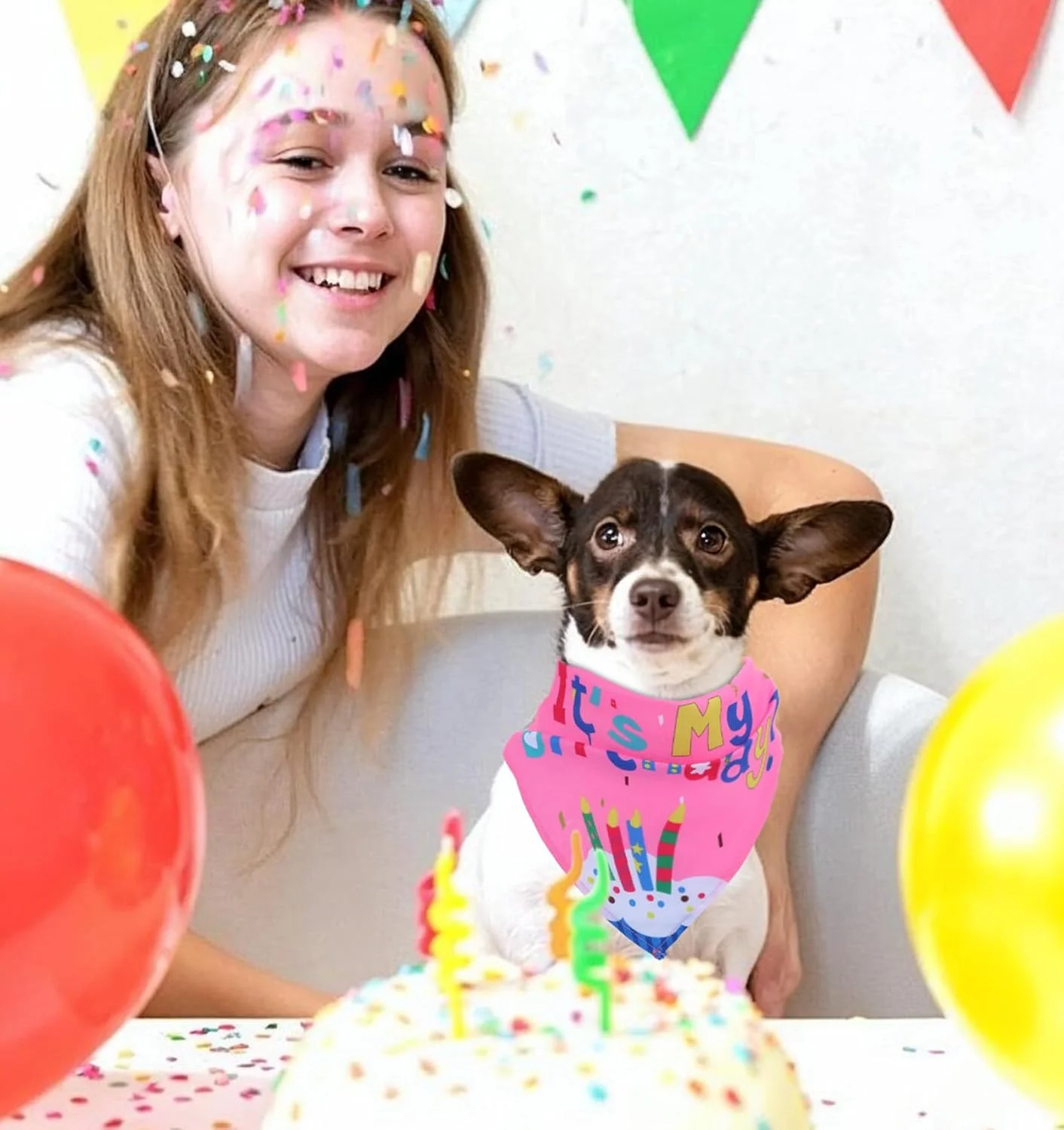 دستمال گردن سگ طرح تولد، دستمال گردن مثلثی بلند 66 سانتی متری مناسب سگ های سایز مختلف، دستمال گردن سگ برای حیوانات خانگی کوچک، متوسط و بزرگ - صورتی