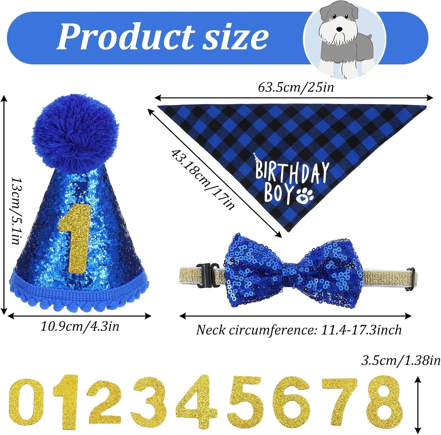 لوازم جشن تولد سگ، تزئینات تولد سگ پسرانه، دستمال گردن مثلثی آبی حیوانات خانگی، کلاه مهمانی و پاپیون سگ با اعداد، برای سگ های بزرگ، متوسط و کوچک