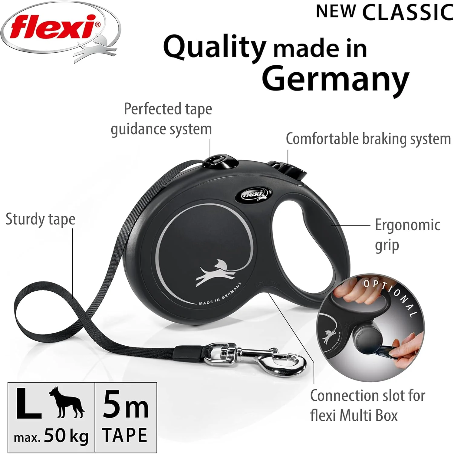 فلکسی کلاسیک ال تسمه ای 5 متری، مشکی، قلاده های ایمنی جمع شونده سگ، ساخت آلمان