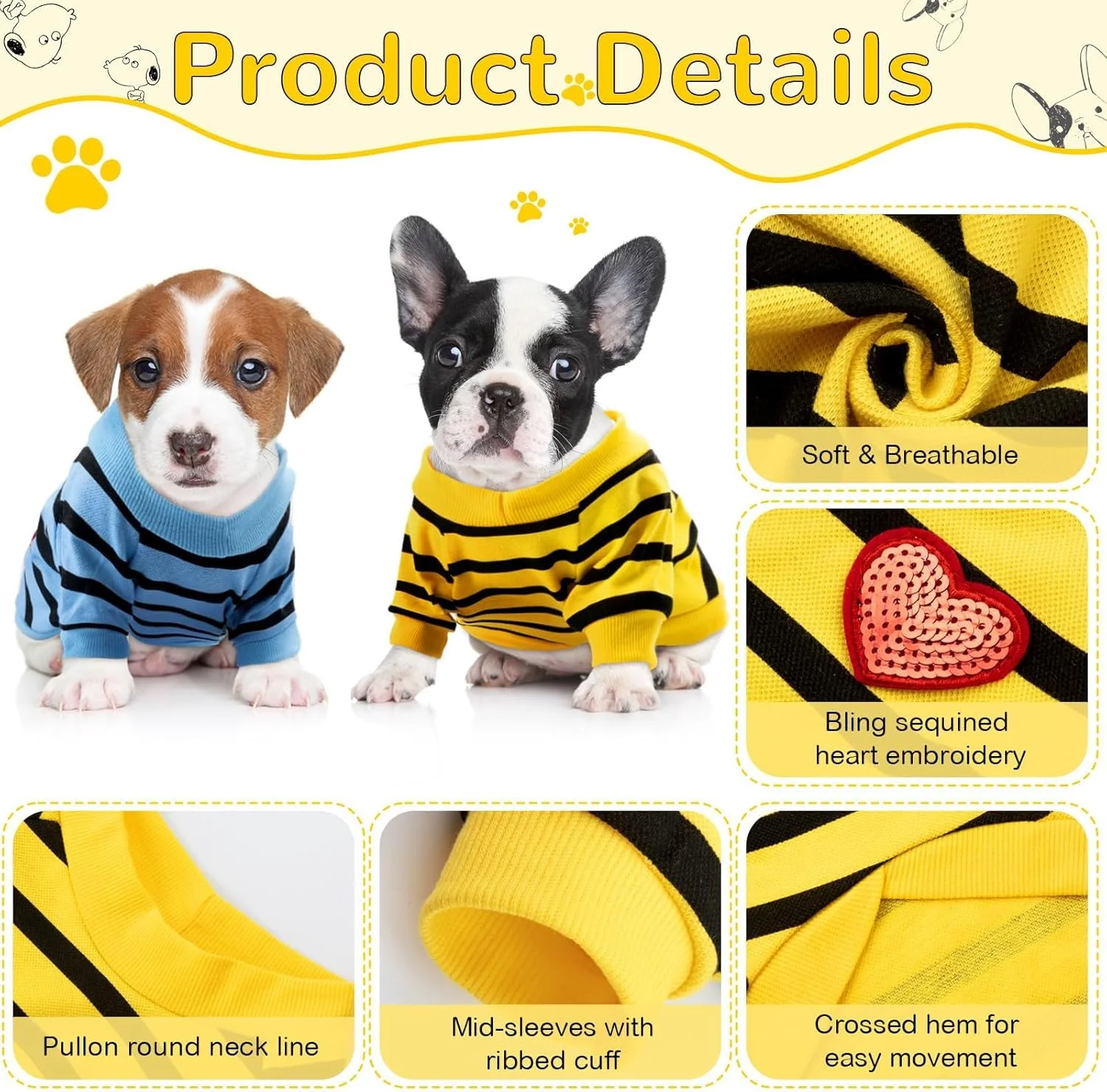 لباس سگ برای سگ های کوچک، 4 عدد تی شرت سگ راه راه، لباس تابستانی حیوانات خانگی، تی شرت پنبه ای راه راه سگ توله سگ برای سگ گربه پسر دختر کوچک با قلب قرمز براق