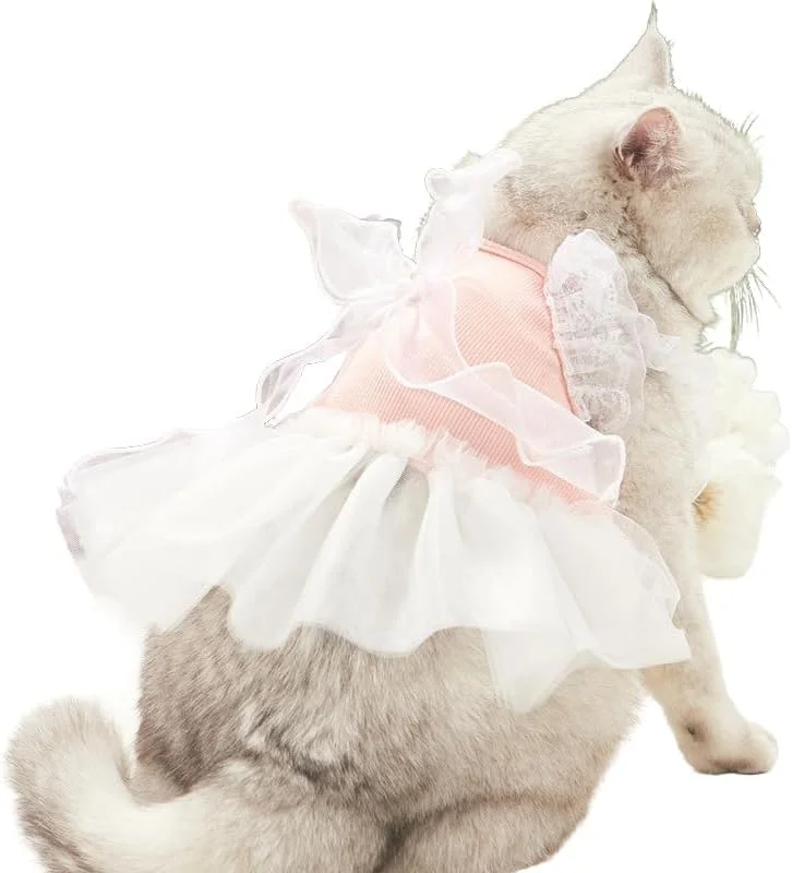 لباس سگ با تزئین پاپیون، یقه مربعی، دامن توتو برای سگ و گربه، لباس توری گیپور مناسب جشن تولد و تعطیلات برای سگ و گربه کوچک و متوسط (سفید، XS)
