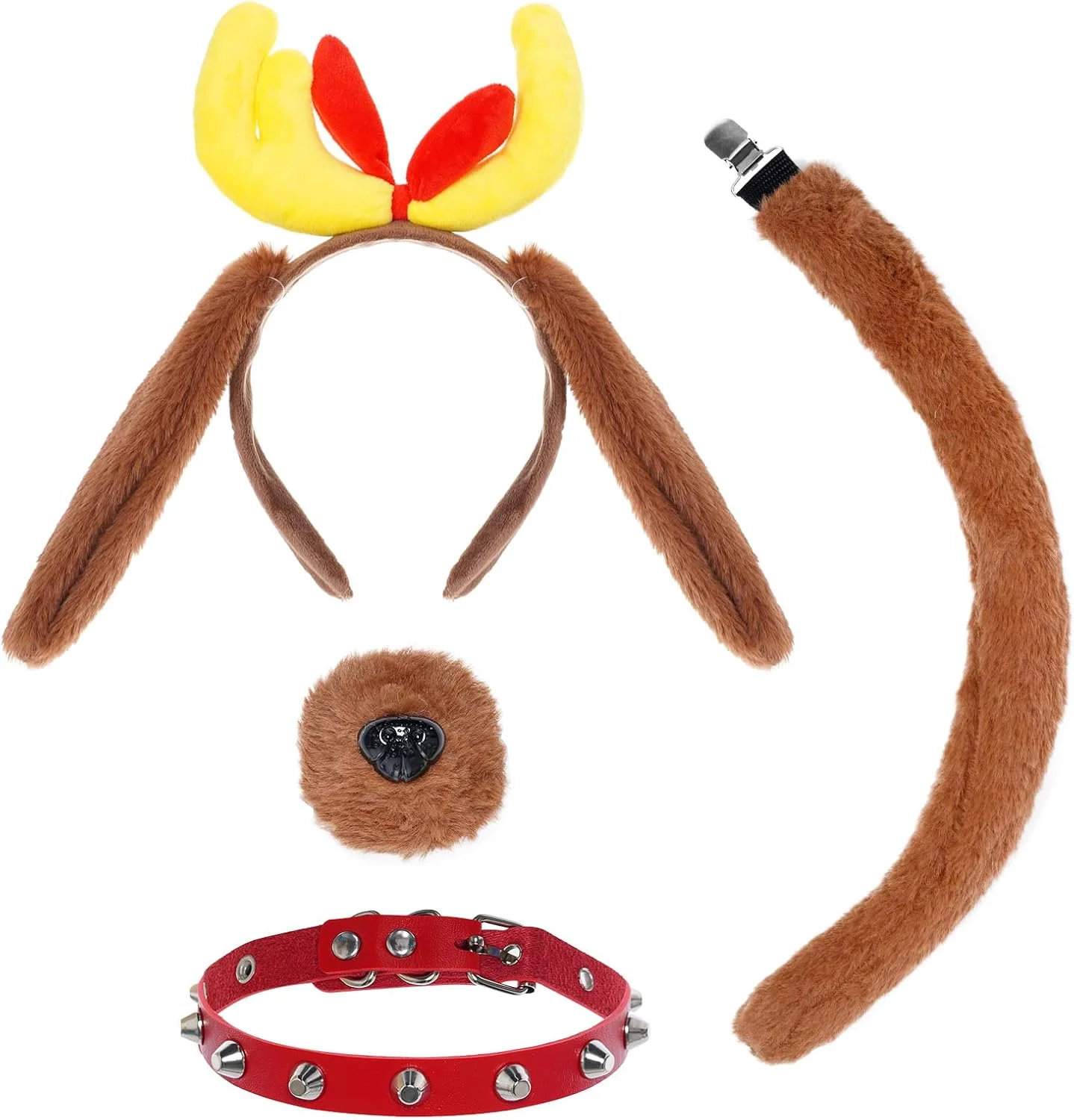 ست 4 تکه تل سر شاخ گوزن با گوش و قلاده سگ، شامل تل سر گوش سگ گوزنی، قلاده قرمز، بینی و دم برای جشن کریسمس، هالووین و مهمانی های فانتزی