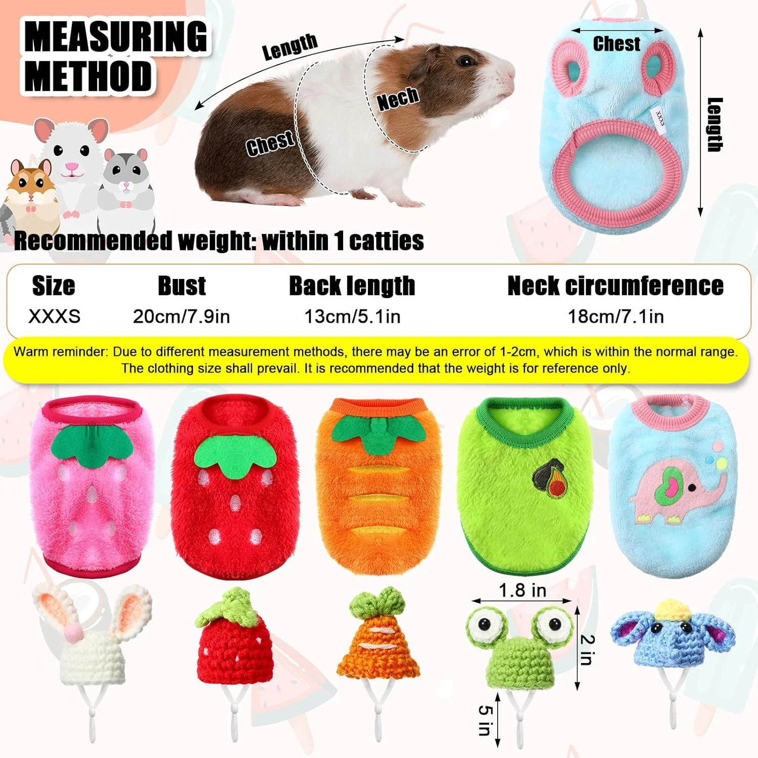 ست لباس خوکچه هندی Clysee شامل 10 تکه، 5 لباس خوکچه هندی، 5 کلاه مینیاتوری زیبا با بند قابل تنظیم، جلیقه گرم حیوانات کوچک و کلاه بافتنی دستی راحت برای همستر و خرگوش (سبک تازه)