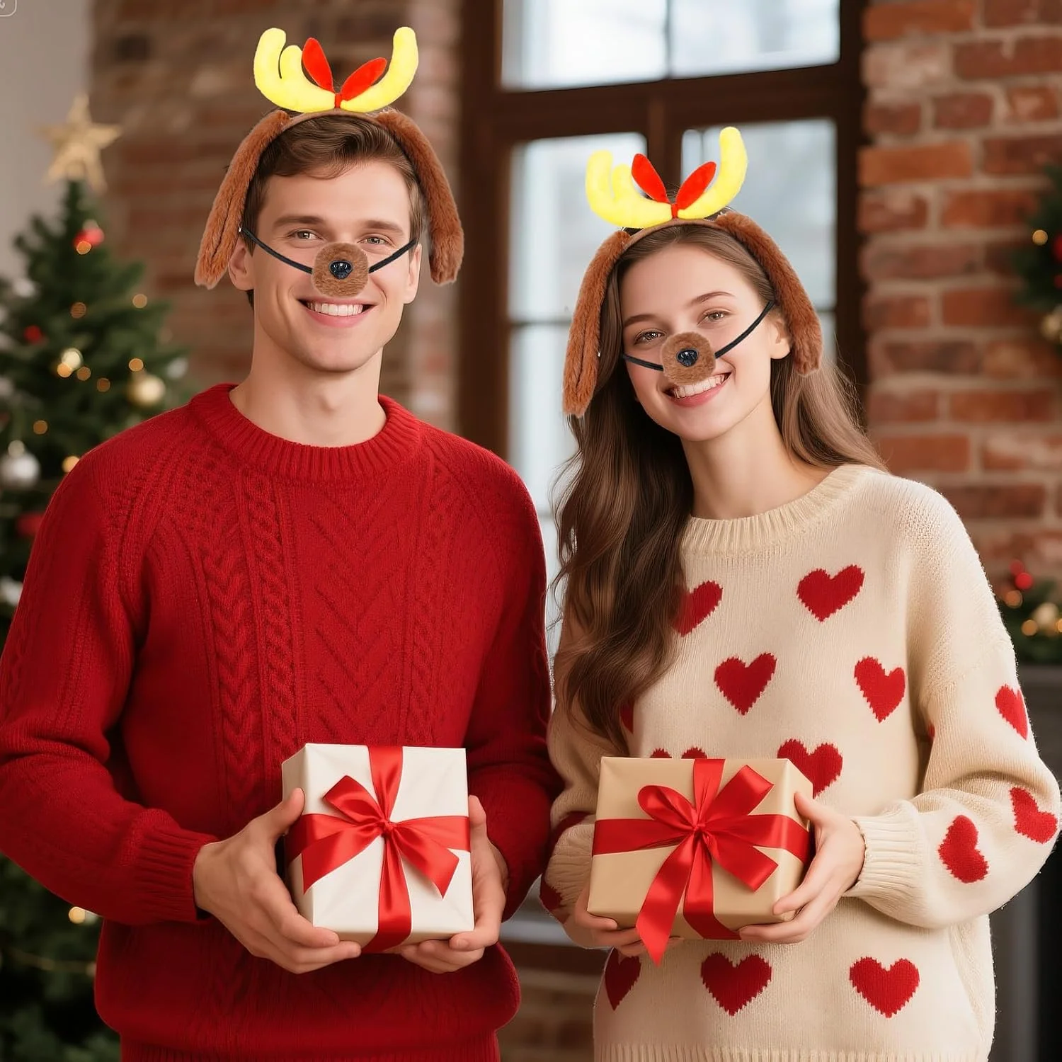 ست 4 تکه تل سر شاخ گوزن با گوش و قلاده سگ، شامل تل سر گوش سگ گوزنی، قلاده قرمز، بینی و دم برای جشن کریسمس، هالووین و مهمانی های فانتزی