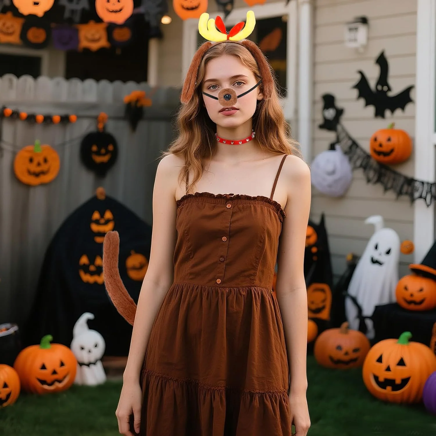 ست 4 تکه تل سر شاخ گوزن با گوش و قلاده سگ، شامل تل سر گوش سگ گوزنی، قلاده قرمز، بینی و دم برای جشن کریسمس، هالووین و مهمانی های فانتزی