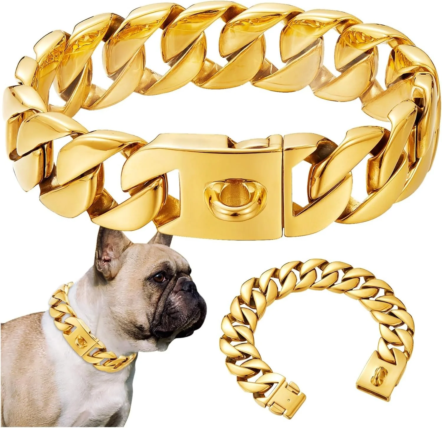 قلاده زنجیری سگ بزرگ، زنجیر کوبایی برای تمرین پیاده‌روی، فولاد ضد زنگ قوی و بادوام (طلایی، 65 سانتی‌متر)