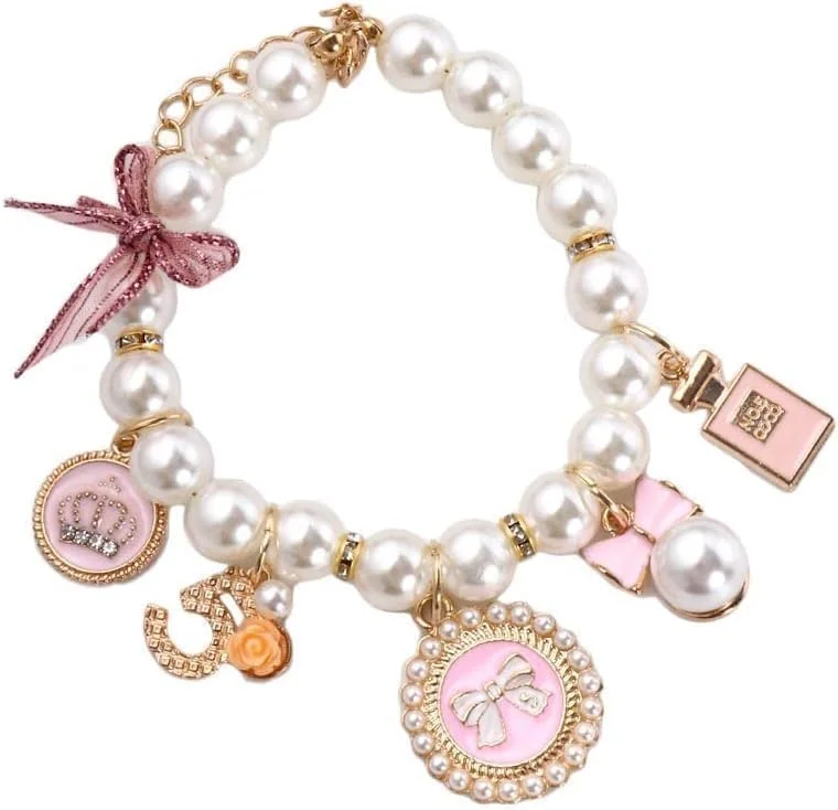 گردنبند مرواریدی سگ صورتی، گردنبند مرواریدی حیوانات خانگی، گردنبند پاپیون صورتی زیبا، لوازم جانبی توله سگ، جواهرات گربه، بند گردنی مرواریدی برای سگ و گربه، گردنبند جواهرات سگ قابل تنظیم (S)