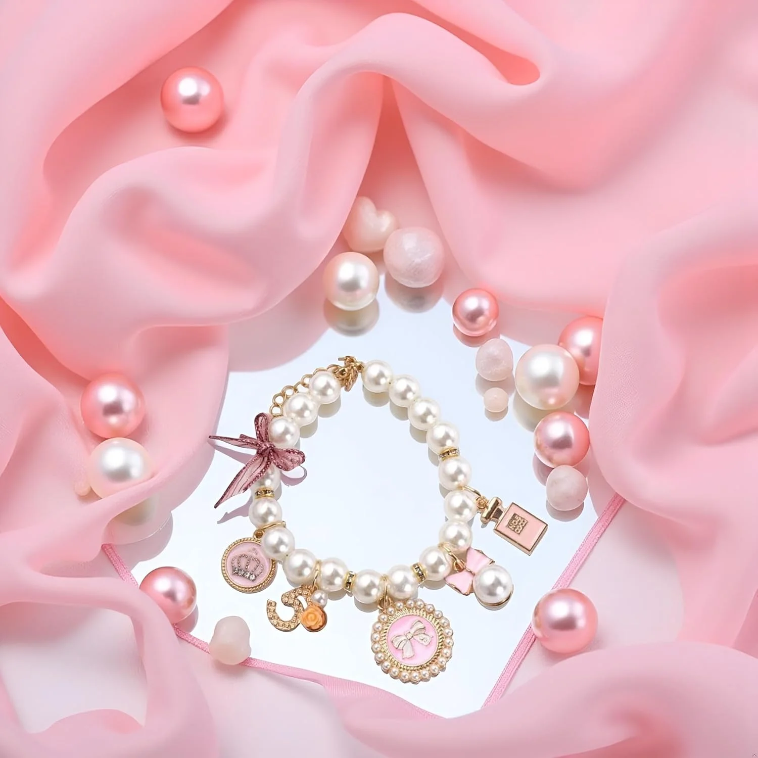 گردنبند مرواریدی سگ صورتی، گردنبند مرواریدی حیوانات خانگی، گردنبند پاپیون صورتی زیبا، لوازم جانبی توله سگ، جواهرات گربه، بند گردنی مرواریدی برای سگ و گربه، گردنبند جواهرات سگ قابل تنظیم (S)