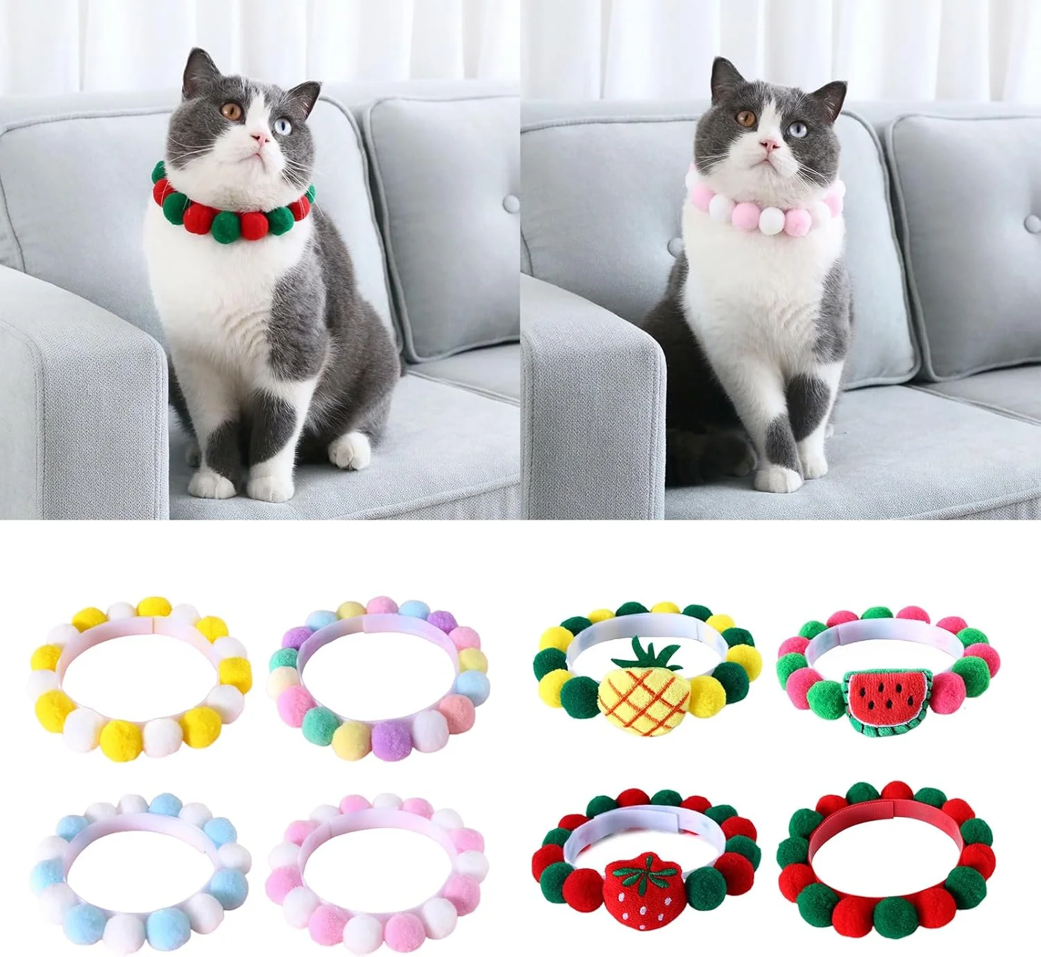 قلاده چسبی رنگارنگ برای جشن تولد حیوانات خانگی و تزئینات کریسمس، قلاده های پوم پوم قابل تنظیم