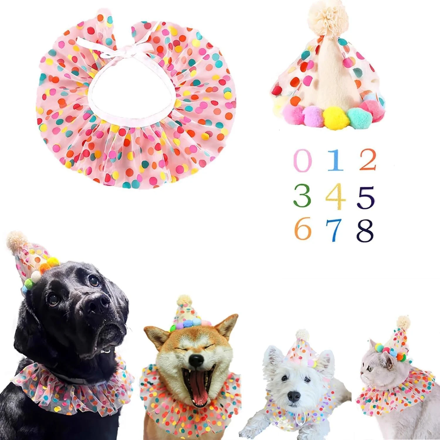 ست کلاه تولد رنگین کمانی و دستمال گردن برای سگ و گربه - قابل تنظیم، لوازم مهمانی حیوانات خانگی دوست داشتنی با اعداد، مناسب برای همه نژادها، لباس زیبا برای بچه گربه، سگ توله سگ ست کلاه تولد رنگین کمانی و دستمال گردن برای سگ و گربه - قابل تنظیم، لوازم مهمانی حیوانات خانگی دوست داشتنی با اعداد، مناسب برای همه نژادها، لباس زیبا برای بچه گربه، سگ توله سگ