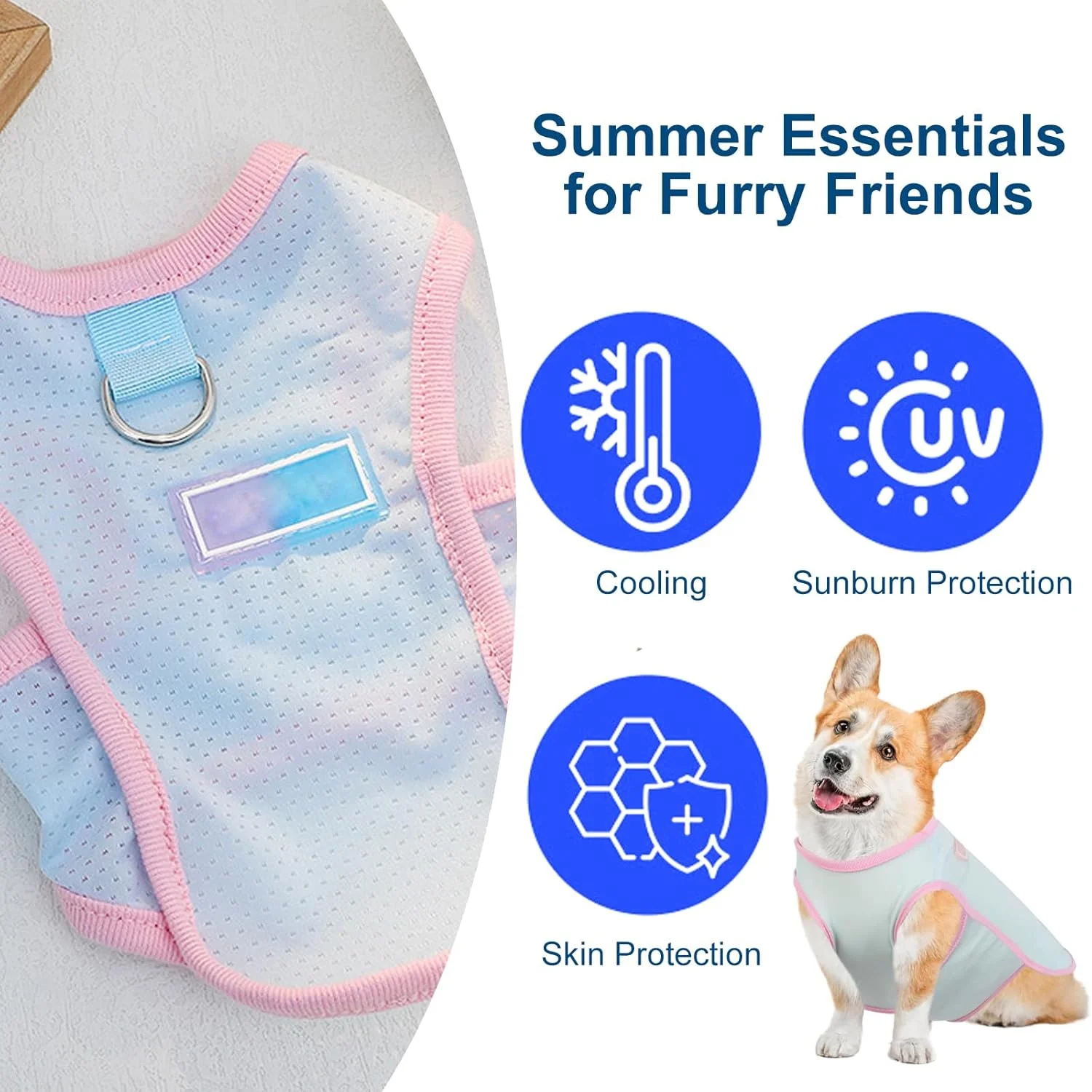 جلیقه خنک کننده سگ، ژاکت خنک کننده حیوانات خانگی مناسب فصل تابستان، تیشرت سگ با قابلیت خشک شدن سریع و محافظت در برابر اشعه ماوراء بنفش به همراه حلقه D، لباس تنفسی برای سگ های کوچک، مناسب پیاده روی و مسافرت در فضای باز (آبی، سایز M مناسب وزن 2.5 تا 3.5 کیلوگرم)