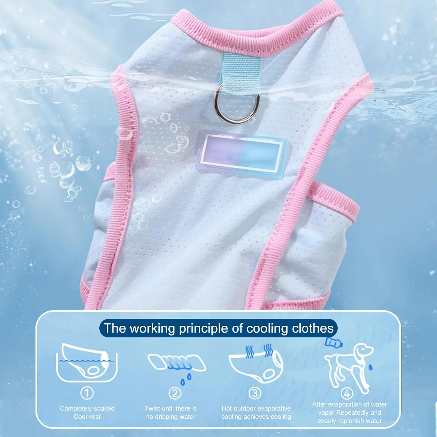جلیقه خنک کننده سگ، ژاکت خنک کننده حیوانات خانگی مناسب فصل تابستان، تیشرت سگ با قابلیت خشک شدن سریع و محافظت در برابر اشعه ماوراء بنفش به همراه حلقه D، لباس تنفسی برای سگ های کوچک، مناسب پیاده روی و مسافرت در فضای باز (آبی، سایز M مناسب وزن 2.5 تا 3.5 کیلوگرم)