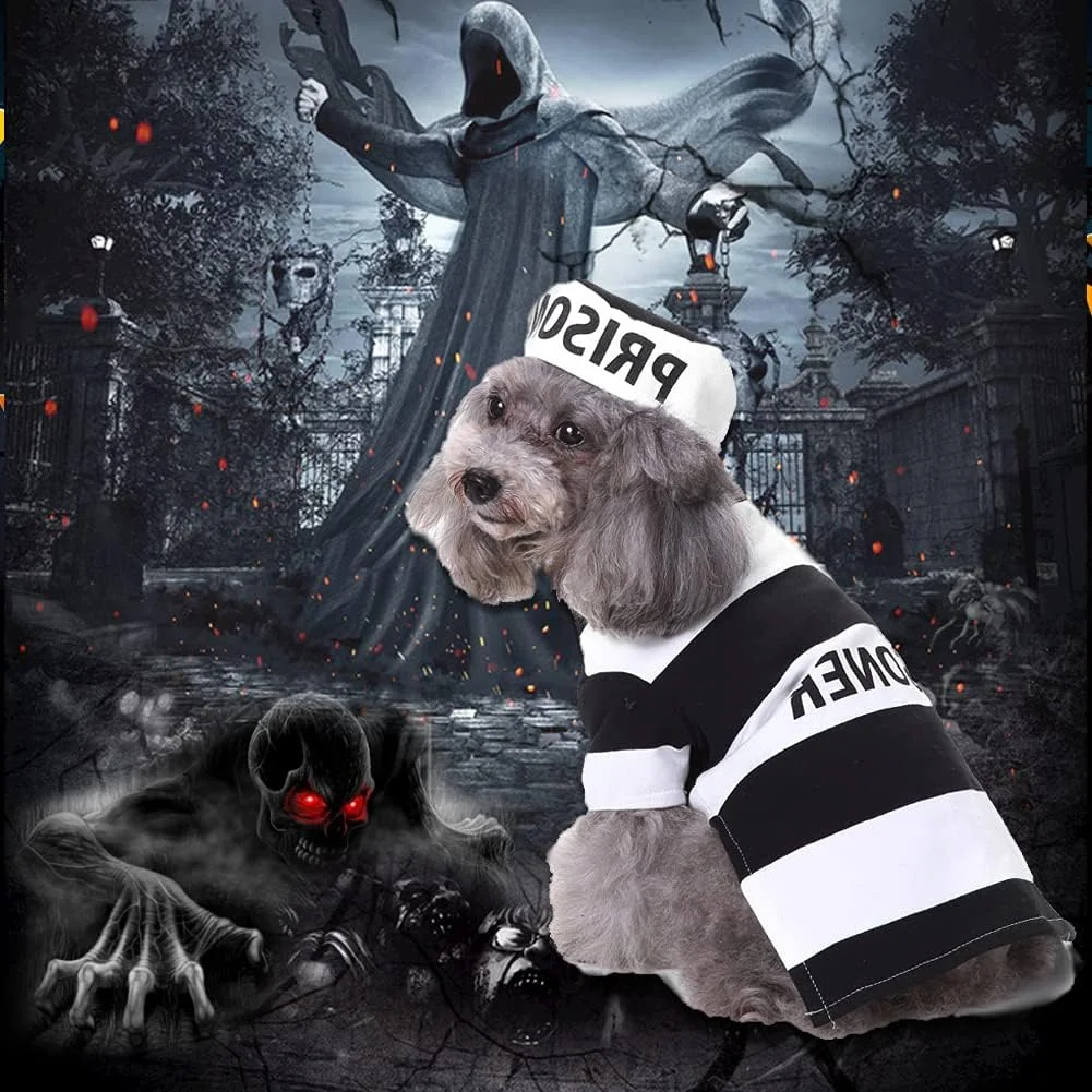 Coppthinktu Prisoner Dog Costume Prison Pooch Dog Halloween Costumes, Halloween Costume for Small Medium Dogs, Pet Prisoner Costume with Hat for Halloween Christmas Birthday Party Photo Shoot