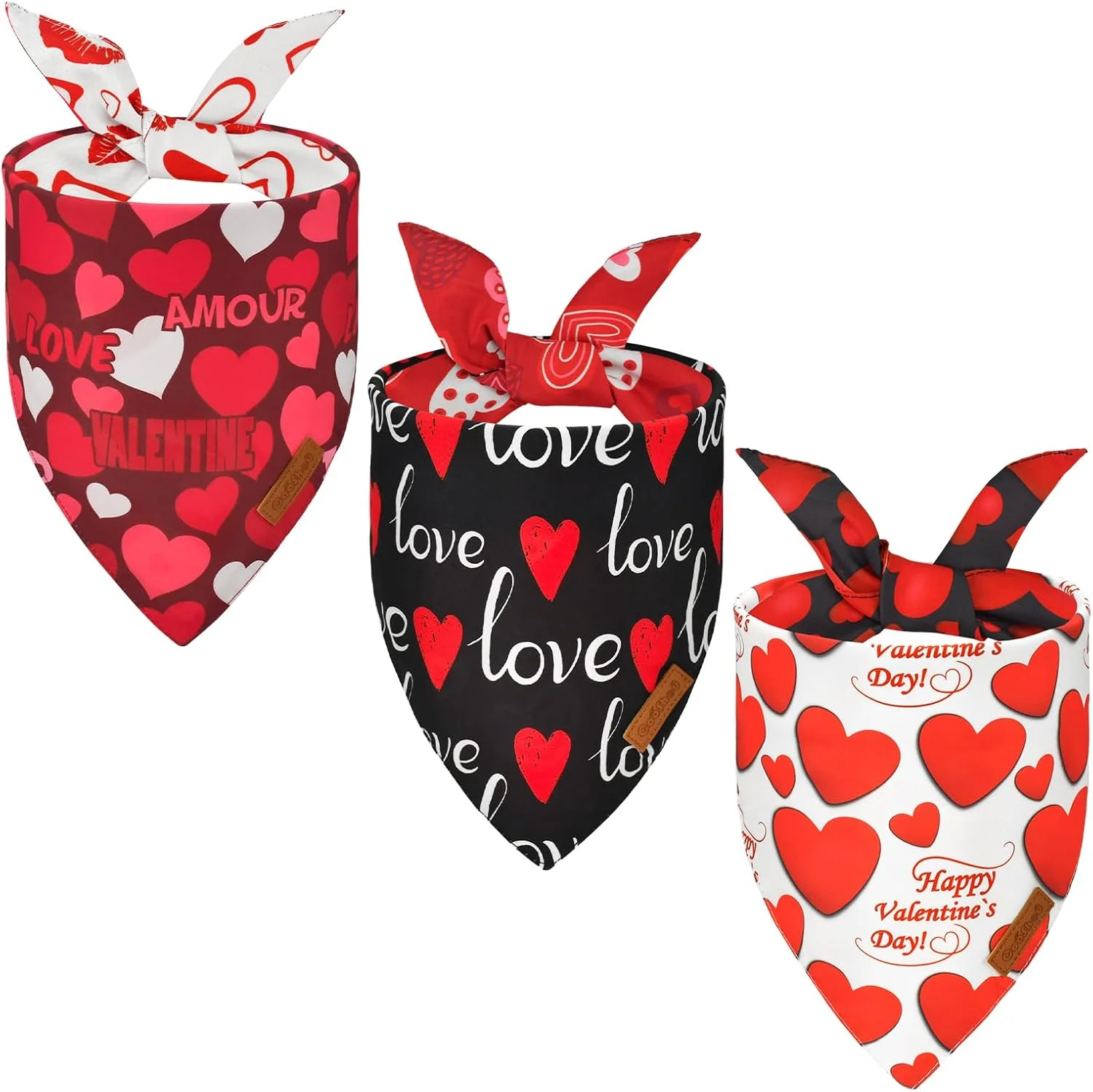 ست 3 عددی دستمال گردن سگ طرح روز ولنتاین، طرح قلب و لب قرمز، مناسب سگ های سایز متوسط و بزرگ