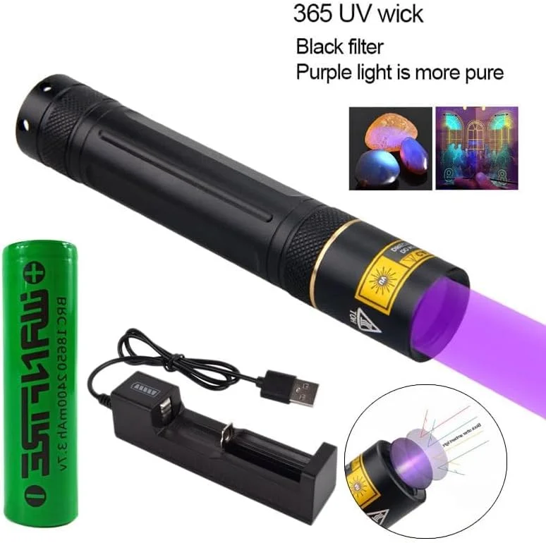چراغ قوه UV TERRIFI، چراغ قوه نور سیاه UV 365 نانومتری برای تشخیص ادرار حیوانات خانگی و خشک کردن رزین (چراغ قوه UV + شارژر + باتری 18650) چراغ قوه UV TERRIFI، چراغ قوه نور سیاه UV 365 نانومتری برای تشخیص ادرار حیوانات خانگی و خشک کردن رزین (چراغ قوه UV + شارژر + باتری 18650)