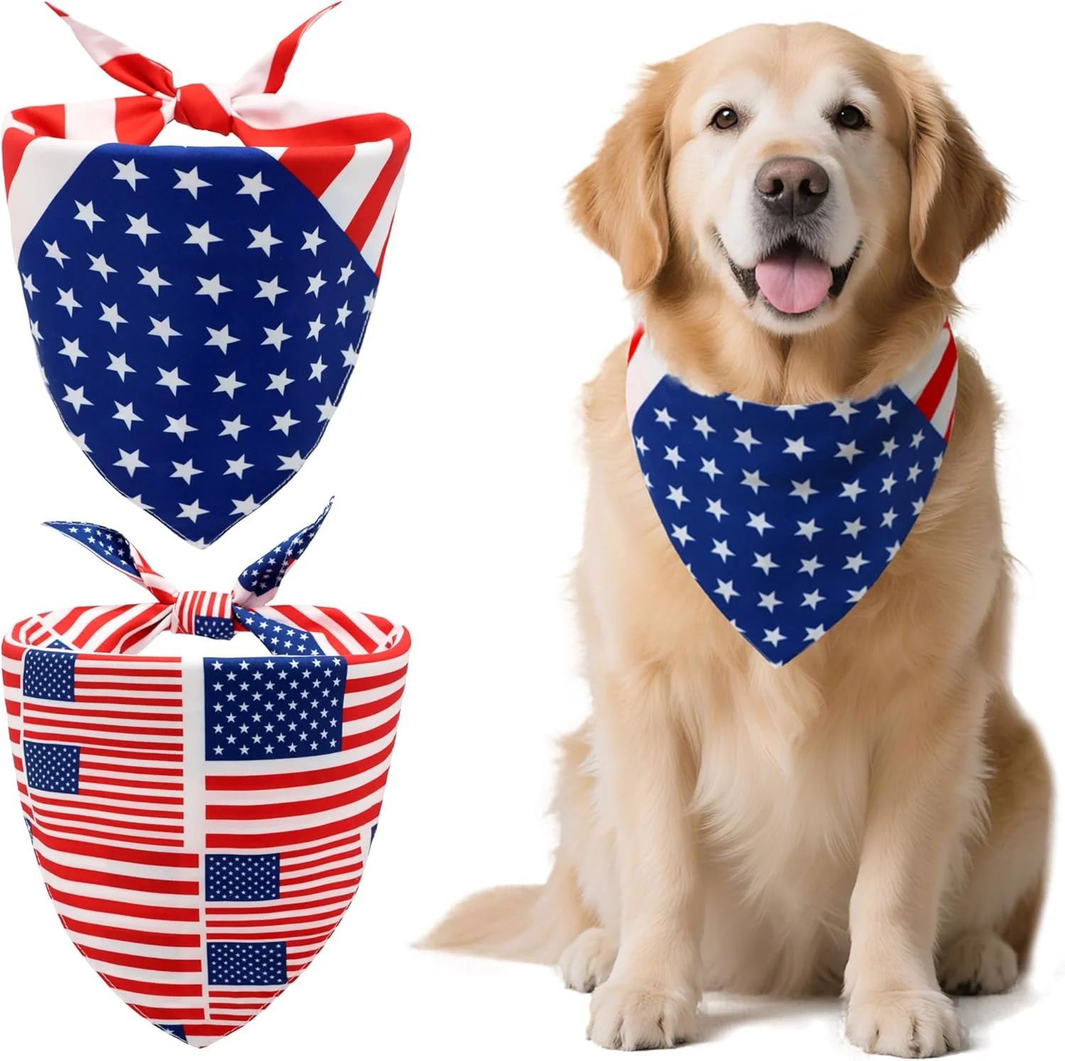 دستمال گردن سگ با طرح پرچم آمریکا، لباس سگ برای چهارم جولای، روسری مثلثی بزرگ تابستانی میهن پرستانه برای روز استقلال و روز یادبود، شال حیوانات خانگی برای پسران و دختران، قرمز، سفید و آبی (2 عدد، بزرگ)