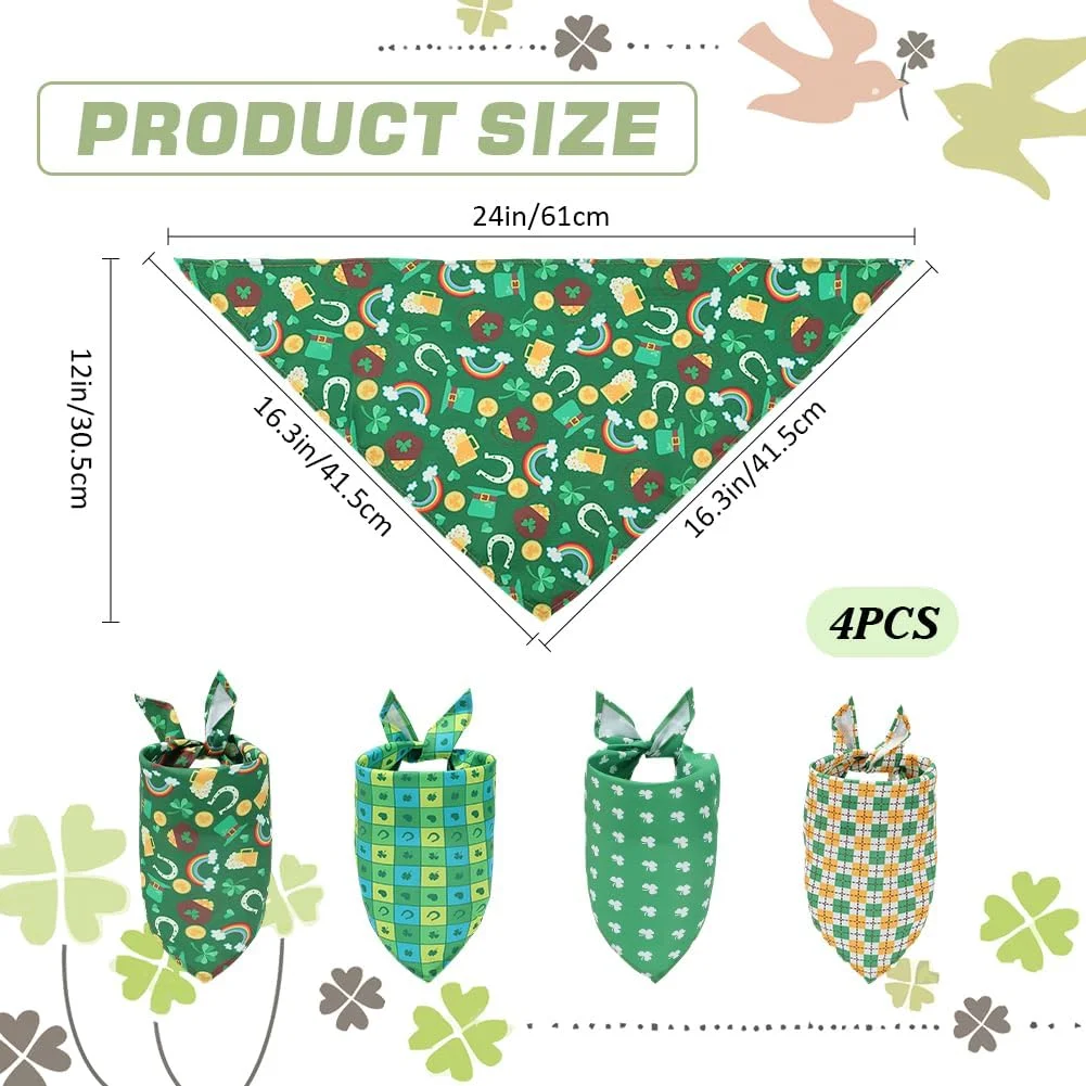 CRASPIRE 4 مدل دستمال گردن سگ روز سنت پاتریک، دستمال گردن عروسی حیوانات خانگی با شبدر چهار برگ، روسری مثلثی سبز سگ، آگهی نامزدی و عروسی، لوازم جانبی یقه برای هدیه دوستداران سگ