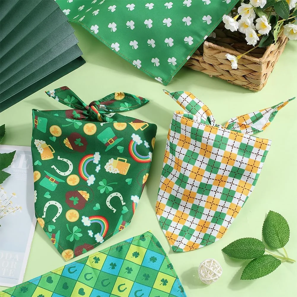 CRASPIRE 4 مدل دستمال گردن سگ روز سنت پاتریک، دستمال گردن عروسی حیوانات خانگی با شبدر چهار برگ، روسری مثلثی سبز سگ، آگهی نامزدی و عروسی، لوازم جانبی یقه برای هدیه دوستداران سگ