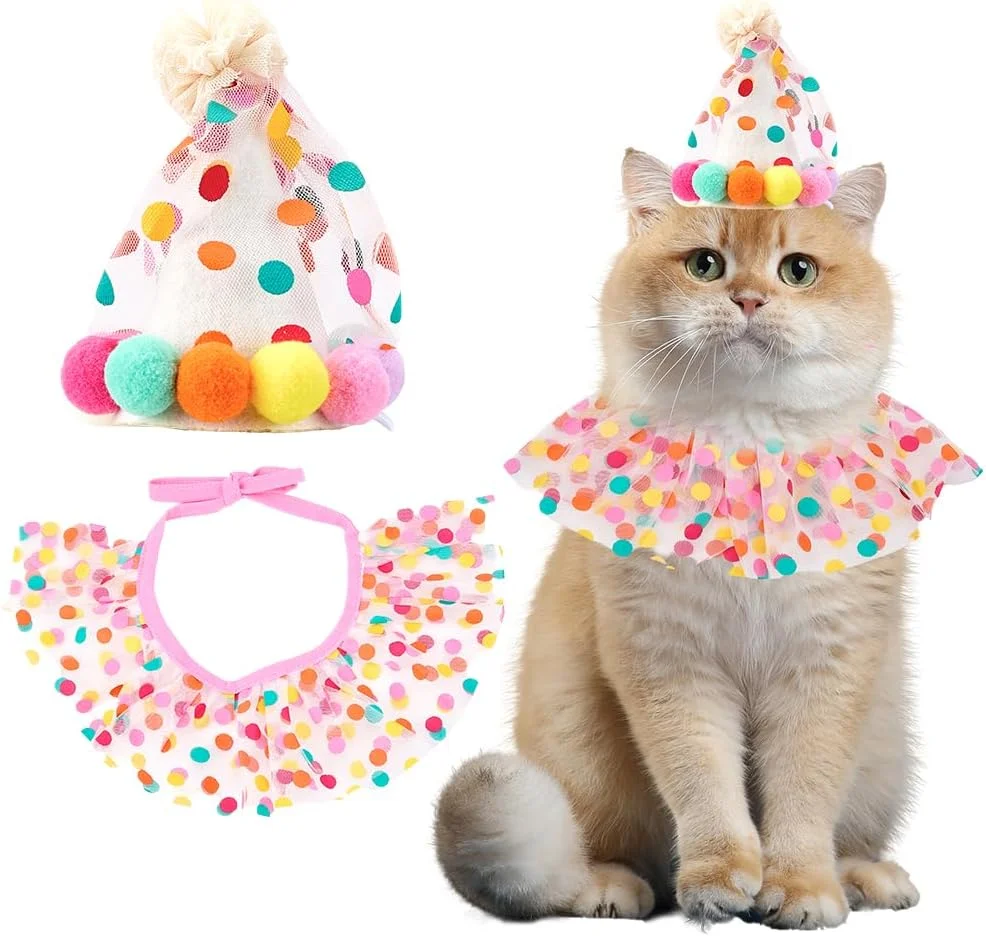 CREATCABIN 2 عدد لباس مهمانی حیوانات خانگی پرنسس، سگ های کوچک پلی استر خالدار رنگارنگ، پیشبند توری، کلاه کریسمس، پاپیون، ست تزئینات مهمانی تولد حیوانات خانگی