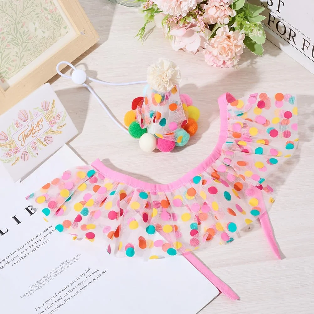 CREATCABIN 2 عدد لباس مهمانی حیوانات خانگی پرنسس، سگ های کوچک پلی استر خالدار رنگارنگ، پیشبند توری، کلاه کریسمس، پاپیون، ست تزئینات مهمانی تولد حیوانات خانگی