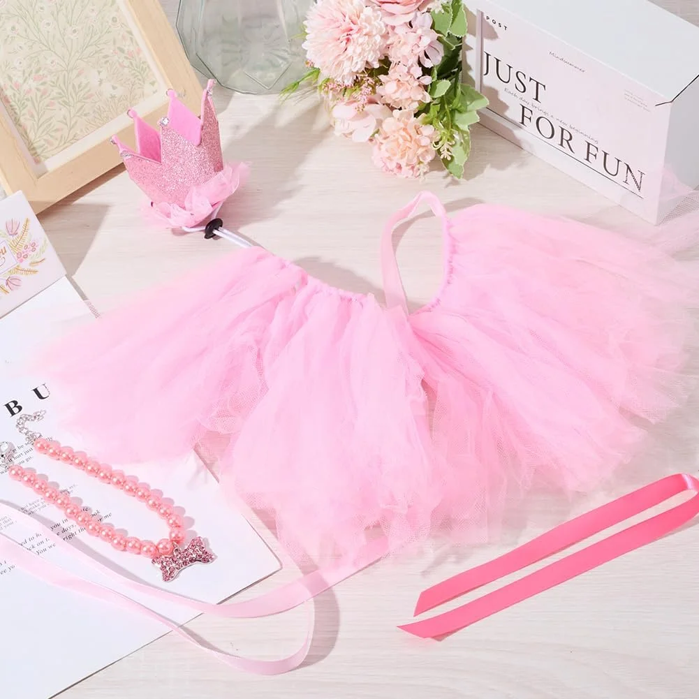 CREATCABIN 3 تکه 3 مدل لباس پرنسس گربه، لباس سگ صورتی، ارگانزا قابل تنظیم، تاج حیوان خانگی کوچک، کلاه، پاپیون، گردنبند مرواریدی، لباس توری توتو برای حیوانات خانگی، دکوراسیون جشن تولد، مجموعه لوازم جانبی