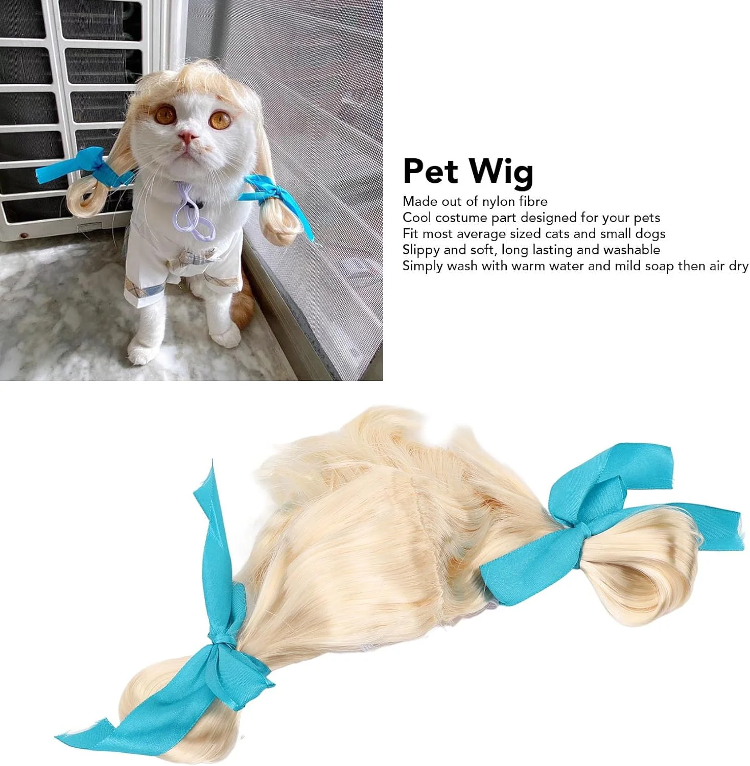 کلاه گیس حیوانات خانگی Cryfokt، بافت موی بلوند نایلونی برای گربه و سگ کوچک، مناسب فعالیت های جشن و مهمانی، لوازم جانبی برای مسافرت و عکس های تعطیلات، لباس گربه برای دکوراسیون هالووین