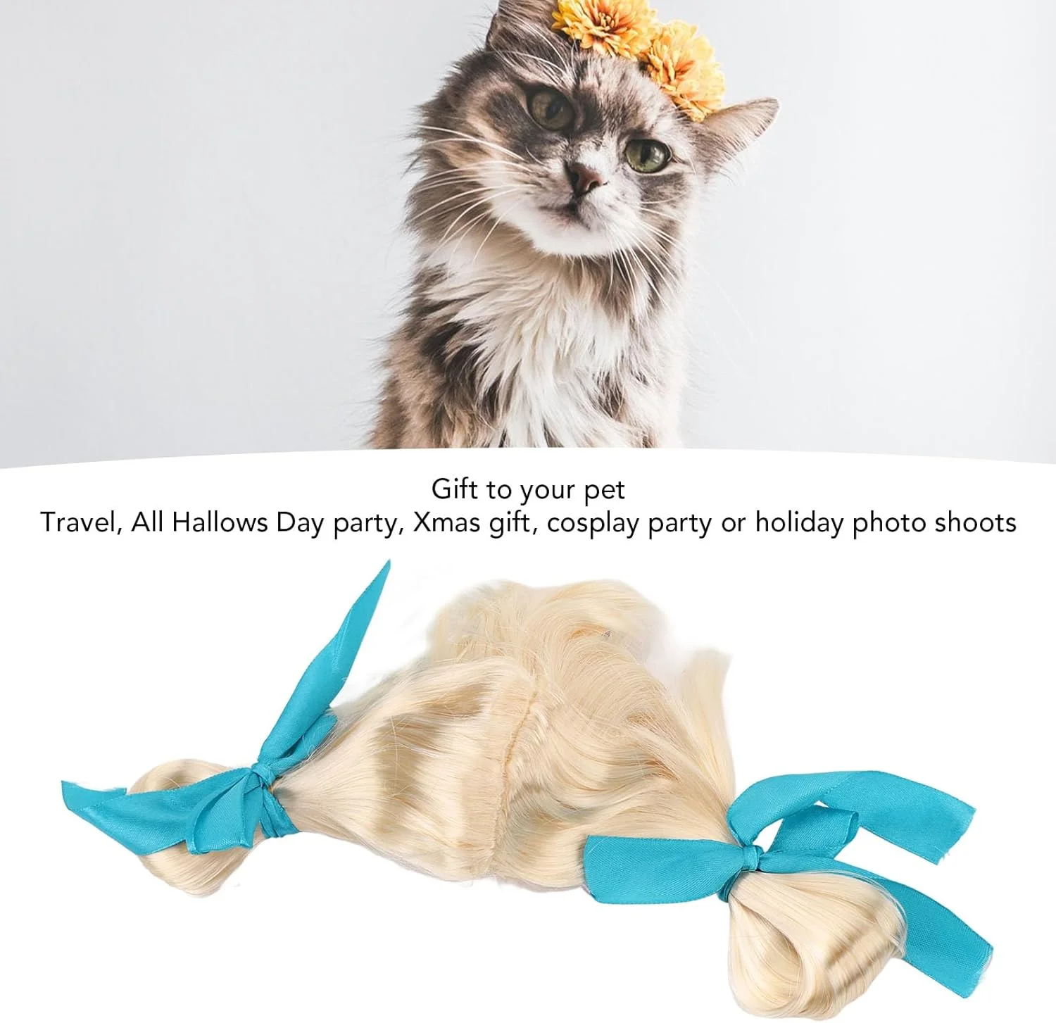 کلاه گیس حیوانات خانگی Cryfokt، بافت موی بلوند نایلونی برای گربه و سگ کوچک، مناسب فعالیت های جشن و مهمانی، لوازم جانبی برای مسافرت و عکس های تعطیلات، لباس گربه برای دکوراسیون هالووین