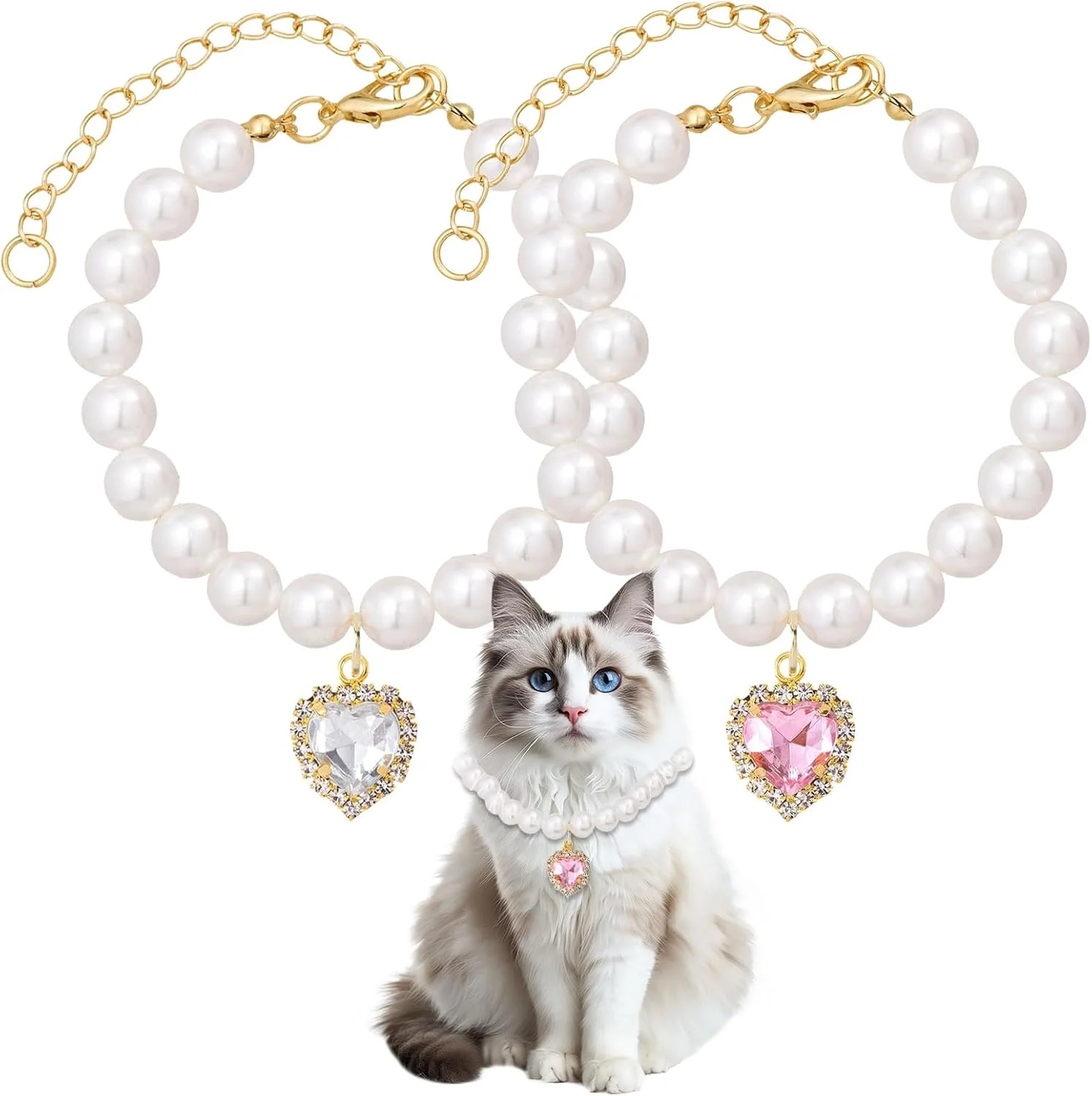 قلاده مهره ای قابل تنظیم حیوانات خانگی دفسدار با نگین های قلبی شکل، 2 رنگ، طراحی زیبا برای گربه ها و سگ های کوچک
