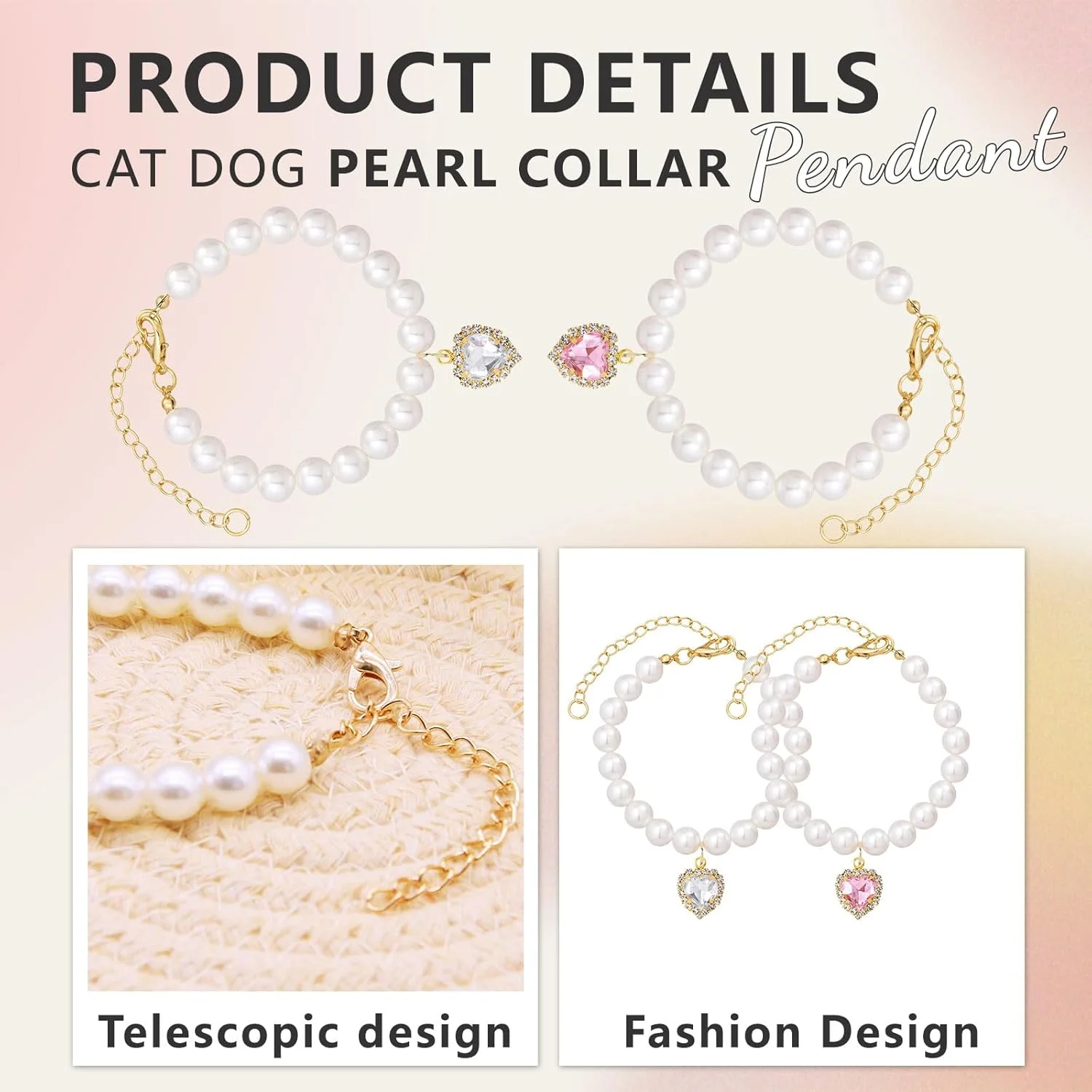 قلاده مهره ای قابل تنظیم حیوانات خانگی دفسدار با نگین های قلبی شکل، 2 رنگ، طراحی زیبا برای گربه ها و سگ های کوچک