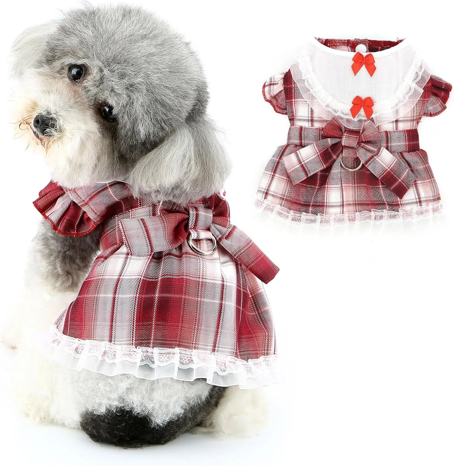 لباس سگ و گربه طرح چهارخانه با دامن توری، مناسب برای سگ های کوچک و نژادهایی مانند یورکی و چیواوا، به همراه حلقه اتصال قلاده، رنگ قرمز، سایز S لباس سگ و گربه طرح چهارخانه با دامن توری، مناسب برای سگ های کوچک و نژادهایی مانند یورکی و چیواوا، به همراه حلقه اتصال قلاده، رنگ قرمز، سایز S