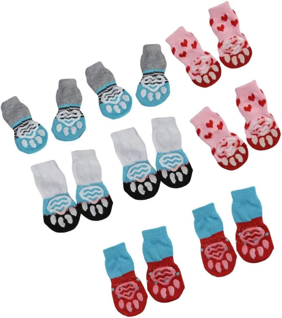 جوراب سگ دلفینو محافظ پنجه 16 عددی، جوراب های بافتنی گرم محافظ پنجه حیوانات خانگی، جوراب های بافتنی ضد لغزش و زیبا برای توله سگ، گربه کوچک با تقویت لاستیکی برای حیوانات خانگی، مناسب برای داخل خانه در زمستان