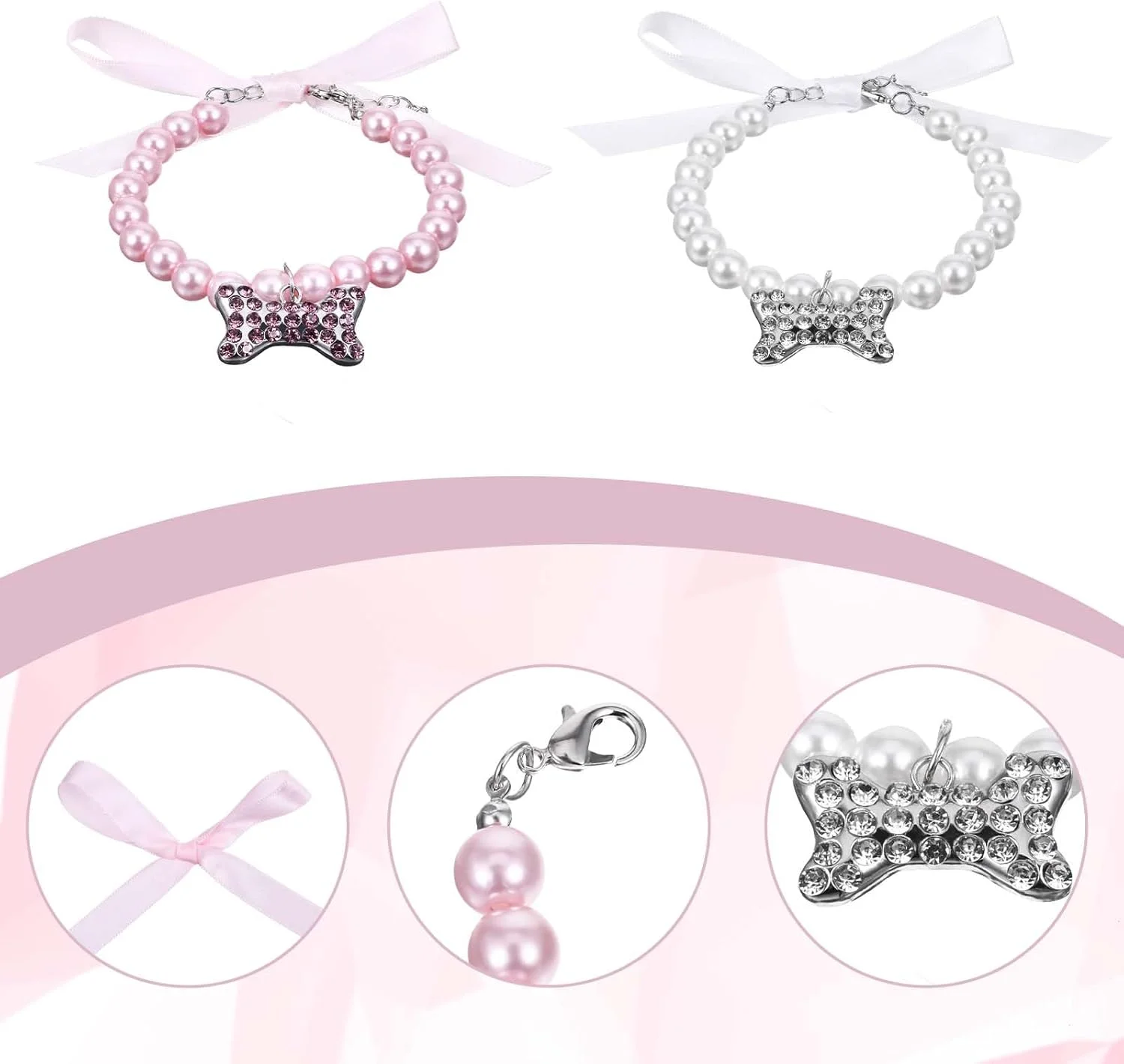 گردنبند مرواریدی سگ Dimeho، جواهرات استخوانی نگین دار، قلاده های فانتزی و زیبای گربه برای سگ ها، گربه ها، توله سگ ها، مناسب مهمانی، عروسی و تولد (2 عدد)