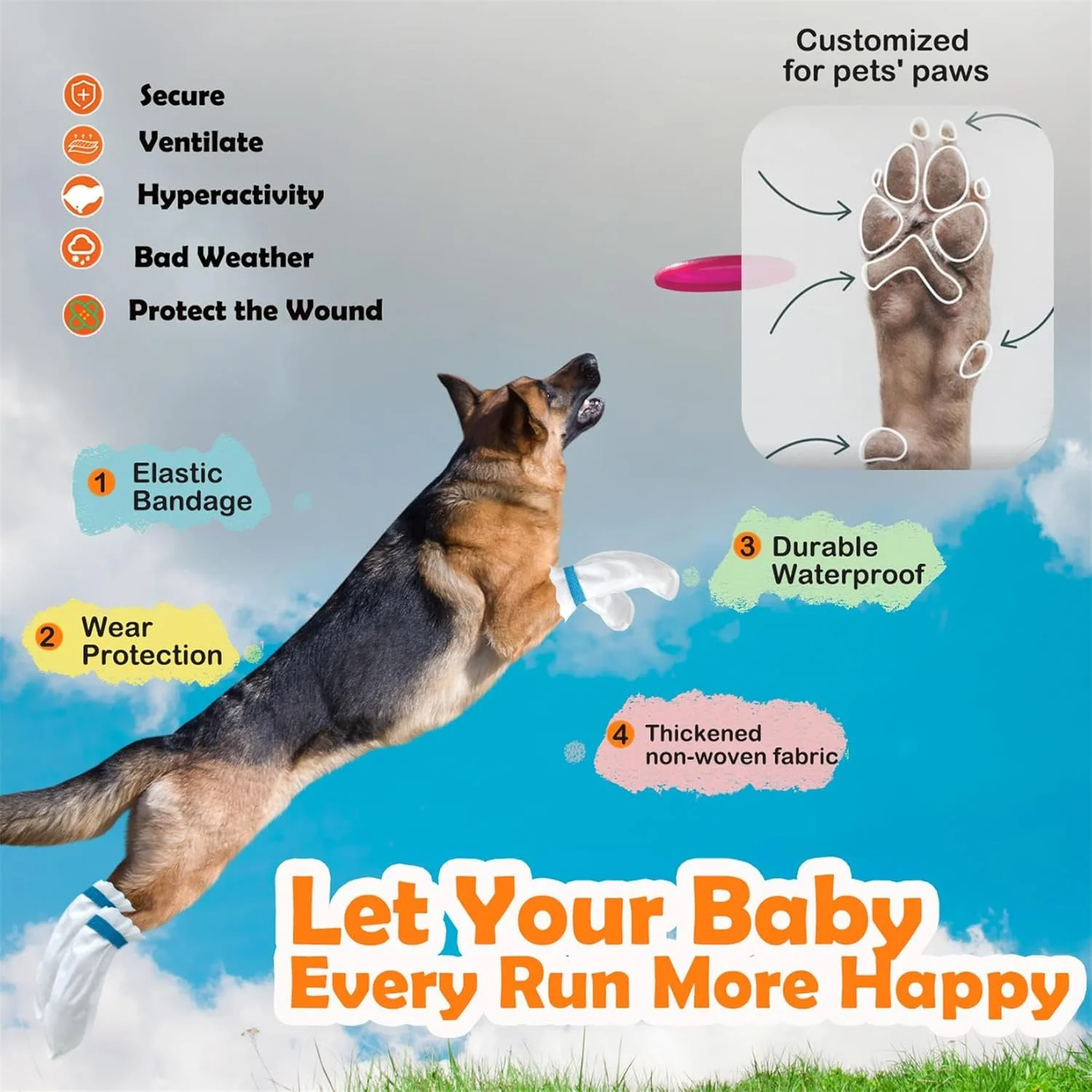 پاپوش سگ یکبار مصرف، محافظ پنجه سگ با 3 رول باند چسبی، مجموعه 20 عددی (سایز-3)