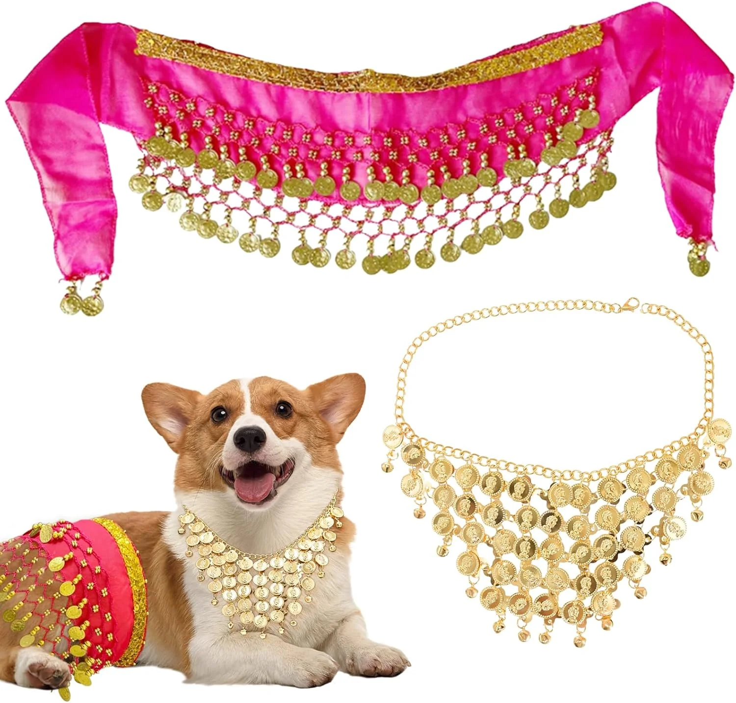 لباس سگ - گردنبند پولکی و زنجیر کمر، لباس رقص شکم برای کورگی و سایر نژادهای سگ، مناسب مهمانی ها و نقش آفرینی