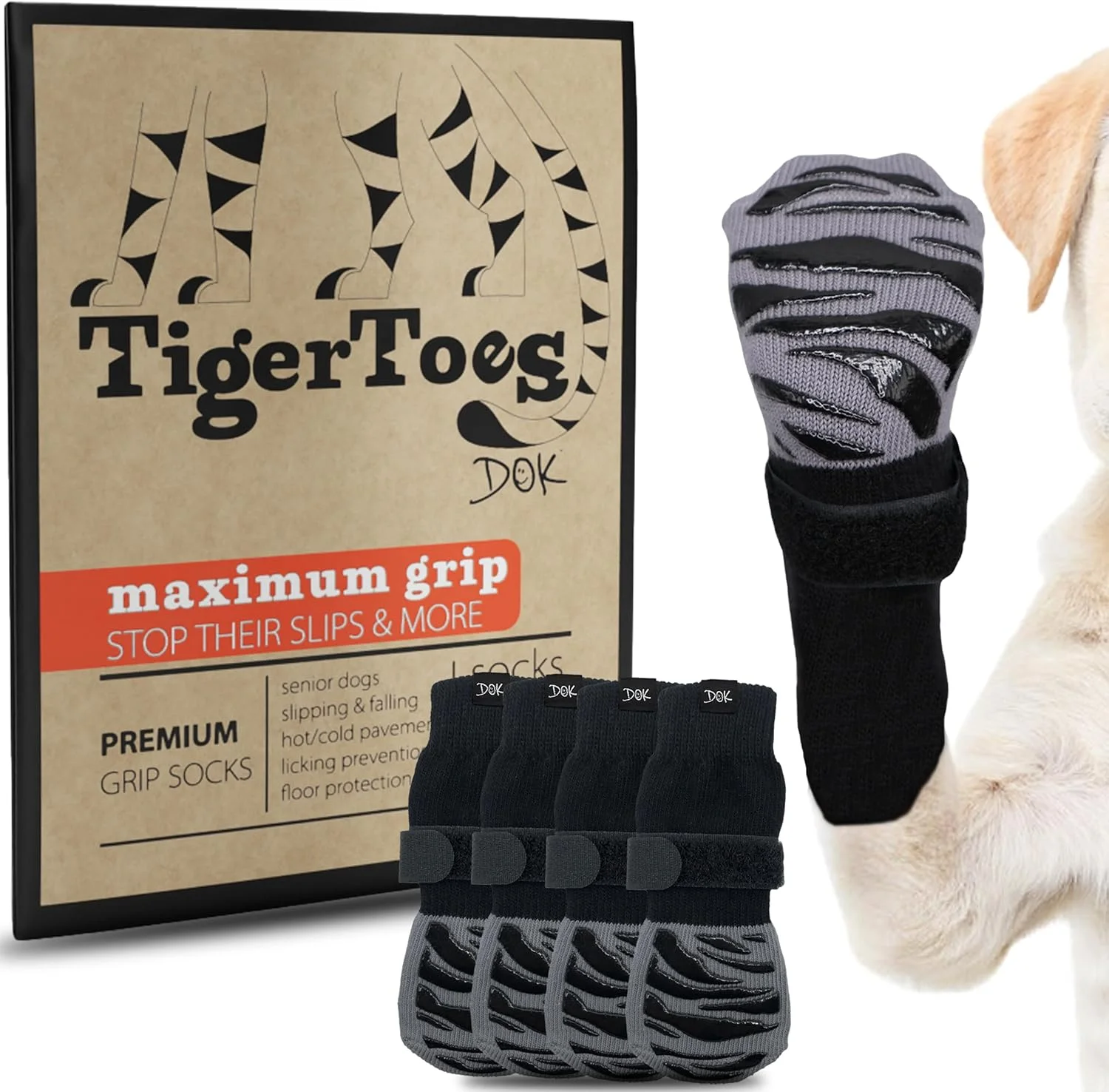 جوراب سگ ضد لغزش ممتاز DOK TigerToes برای سطوح سخت - چسبندگی بسیار ضخیم که حتی در صورت پیچ خوردگی نیز کار می کند - از لیسیدن، لغزش و محافظت از پنجه سگ جلوگیری می کند - سایز بزرگ