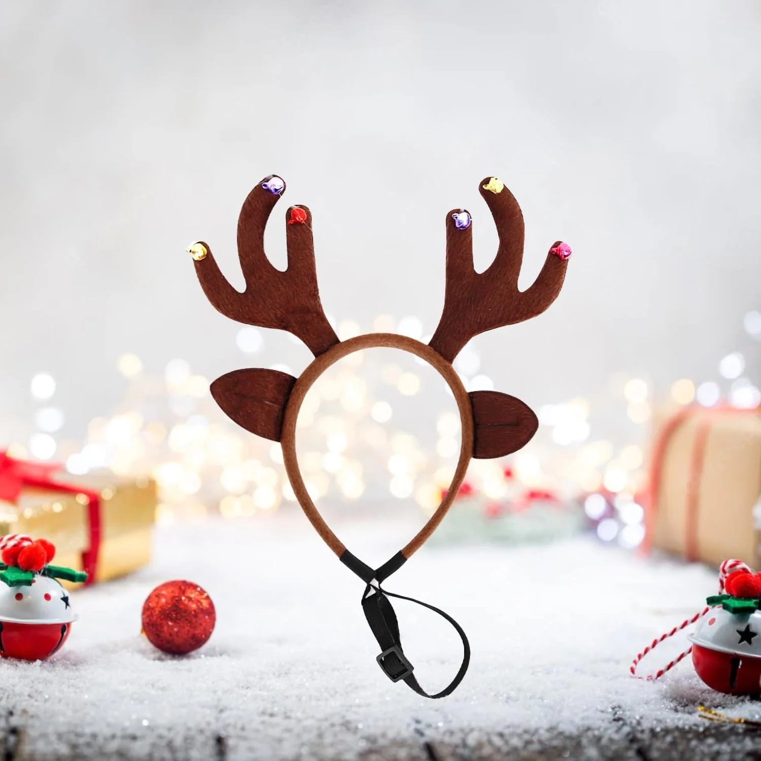 هدبند شاخ گوزن کریسمس برای سگ و گربه، قهوه ای، با زنگوله، مناسب عکس های بامزه و جشن کریسمس