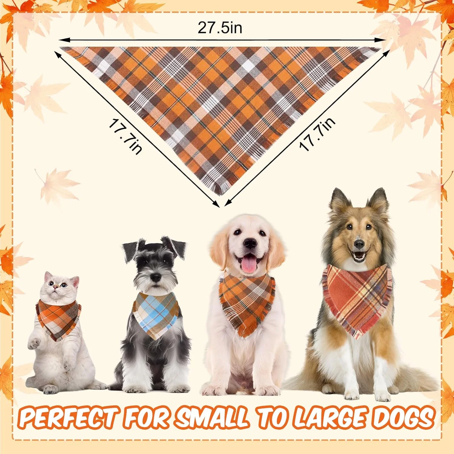 ست چهارتایی دستمال گردن سگ طرح پاییز، لباس های روز شکرگزاری با لبه های منگوله دار، طرح چهارخانه کلاسیک، روسری مثلثی قابل تنظیم برای سگ های کوچک، متوسط و بزرگ ست چهارتایی دستمال گردن سگ طرح پاییز، لباس های روز شکرگزاری با لبه های منگوله دار، طرح چهارخانه کلاسیک، روسری مثلثی قابل تنظیم برای سگ های کوچک، متوسط و بزرگ