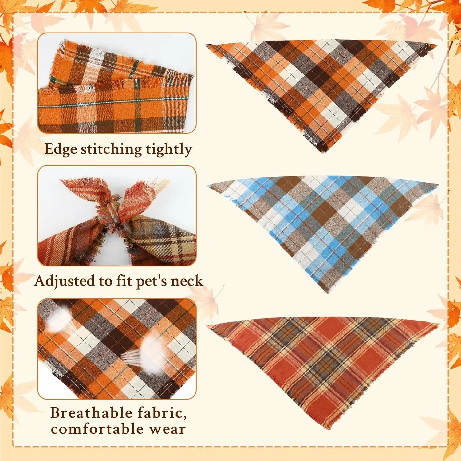 ست چهارتایی دستمال گردن سگ طرح پاییز، لباس های روز شکرگزاری با لبه های منگوله دار، طرح چهارخانه کلاسیک، روسری مثلثی قابل تنظیم برای سگ های کوچک، متوسط و بزرگ ست چهارتایی دستمال گردن سگ طرح پاییز، لباس های روز شکرگزاری با لبه های منگوله دار، طرح چهارخانه کلاسیک، روسری مثلثی قابل تنظیم برای سگ های کوچک، متوسط و بزرگ
