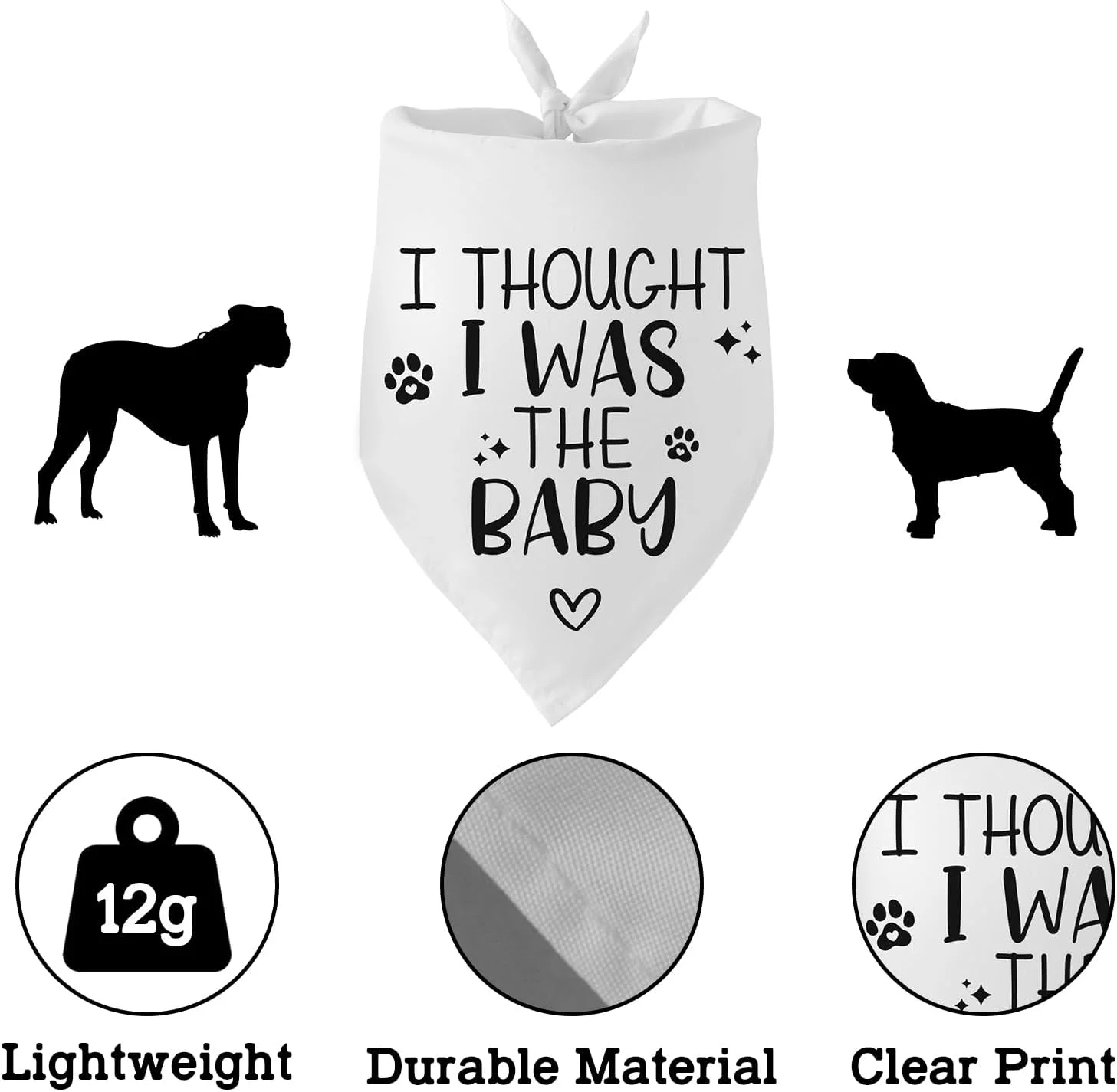 دستمال گردن سگ طرح "فکر میکردم من بچه هستم"، مناسب اعلام بارداری، رنگ سفید، اکسسوری عکس برای دوستداران سگ، هدیه برای صاحب سگ