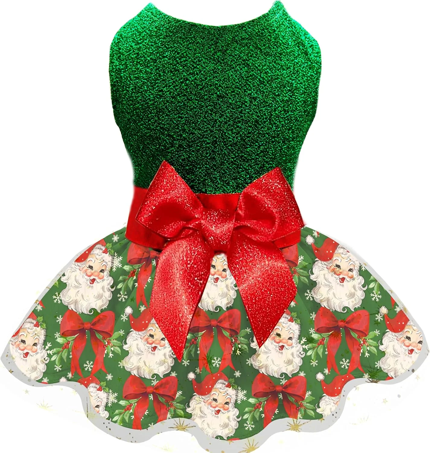 لباس سگ کریسمس، لباس جشن تعطیلات حیوانات خانگی، تاپ سبز براق با پاپیون قرمز اکلیلی و دامن طرح بابانوئل