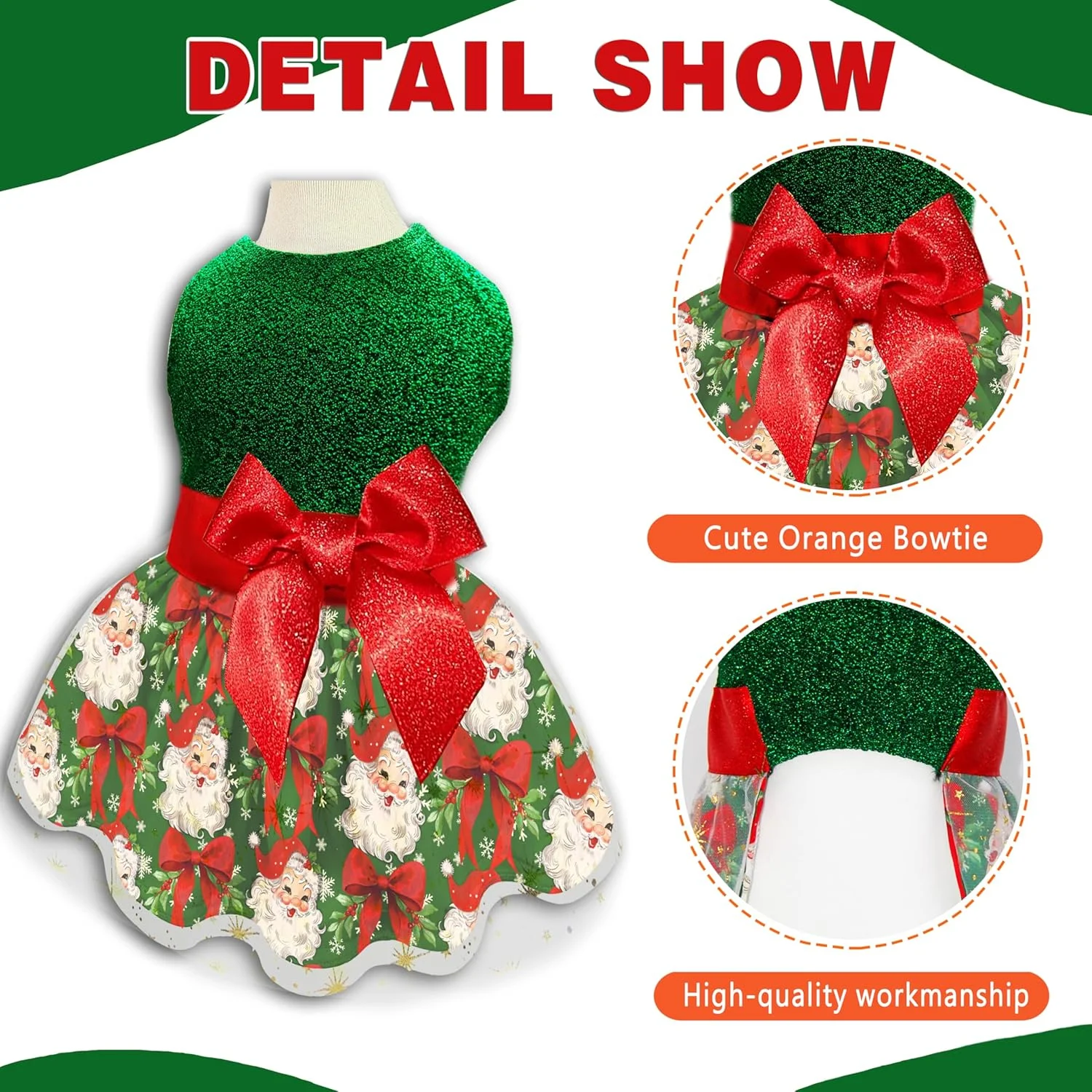 لباس سگ کریسمس، لباس جشن تعطیلات حیوانات خانگی، تاپ سبز براق با پاپیون قرمز اکلیلی و دامن طرح بابانوئل لباس سگ کریسمس، لباس جشن تعطیلات حیوانات خانگی، تاپ سبز براق با پاپیون قرمز اکلیلی و دامن طرح بابانوئل