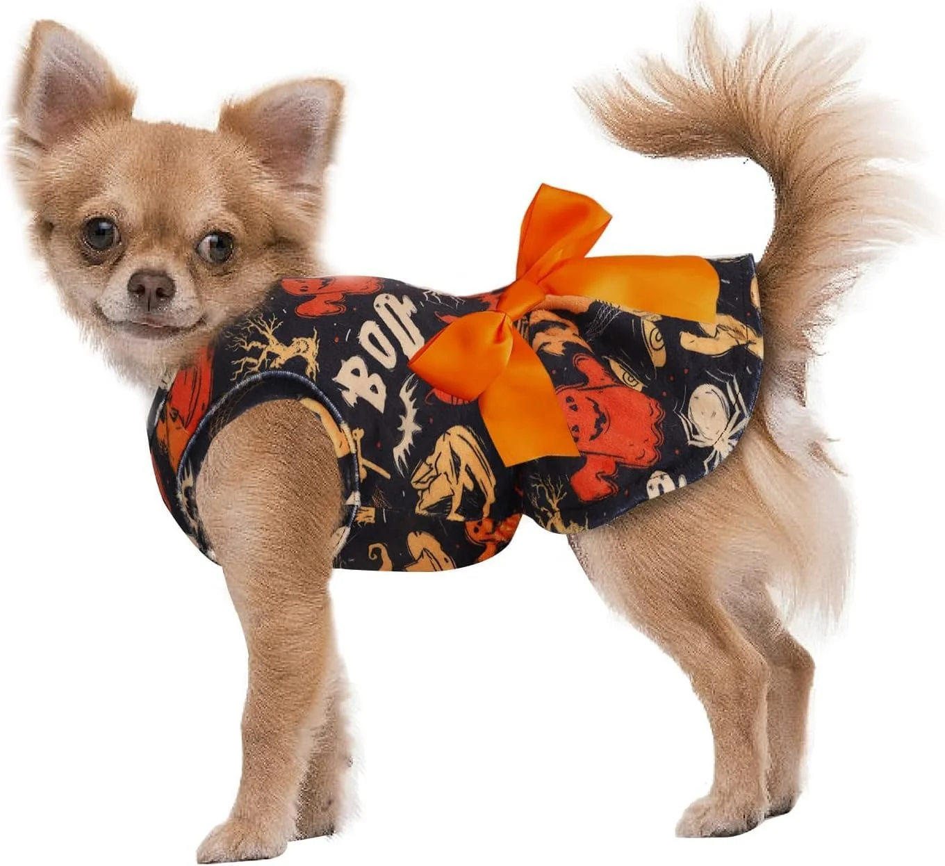 لباس سگ کوچک طرح هالووین کدو تنبل شبح پاپی با پاپیون، لباس حیوانات خانگی برای مهمانی جشنواره (مشکی، سایز S)