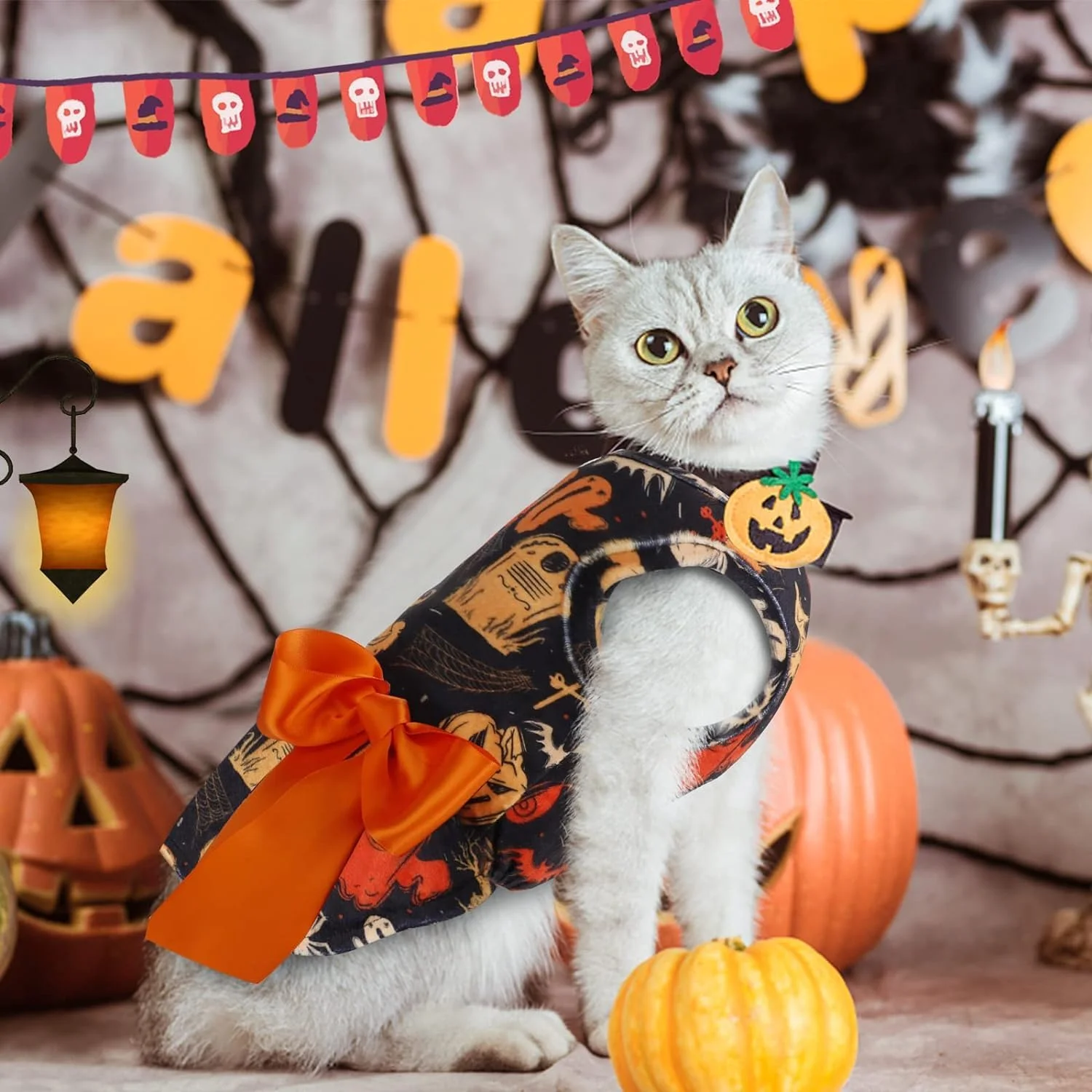 لباس سگ کوچک طرح هالووین کدو تنبل شبح پاپی با پاپیون، لباس حیوانات خانگی برای مهمانی جشنواره (مشکی، سایز S)