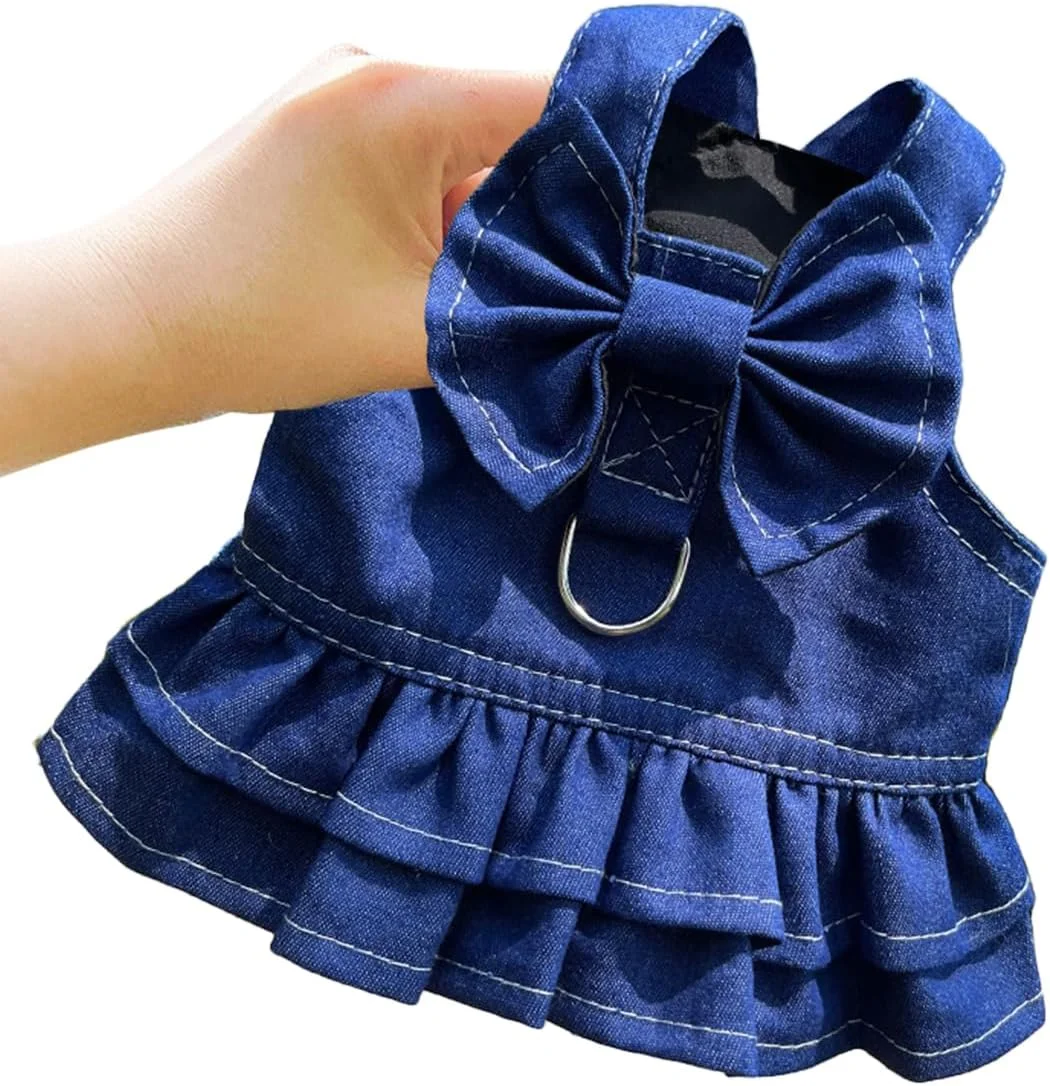 لباس سگ جین، پیراهن پرنسسی پاپیونی با حلقه قلاده، لباس تابستانی سگ برای سگ های سایز متوسط، بزرگ، گربه، حیوانات خانگی کوچک