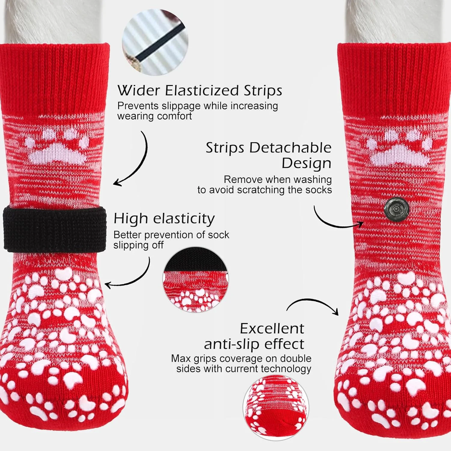 جوراب سگ ضد لغزش EXPAWLORER، قرمز، متوسط، 4 عدد، پارچه، نوار الاستیک، سگ، محافظت از پنجه، داخل و خارج از منزل